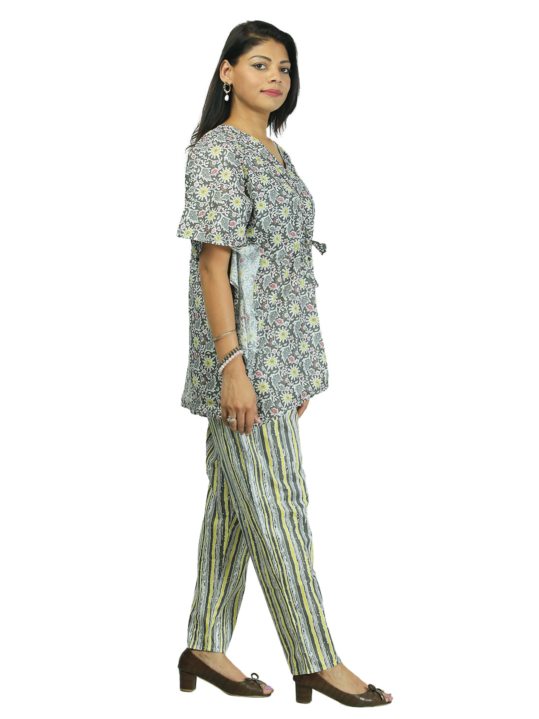 Sunlit Petals Grey and Yellow Women Kaftan Pant Set