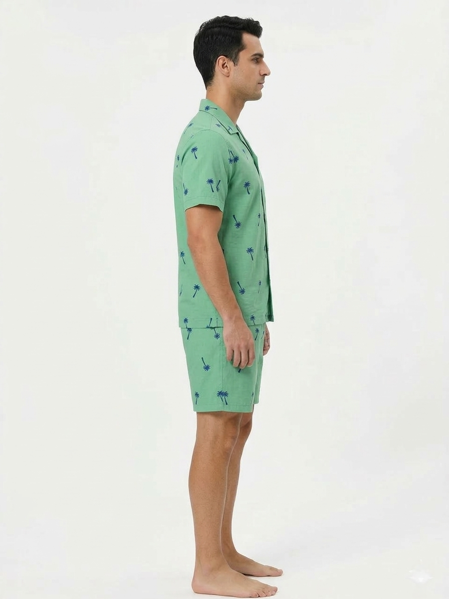 Green with Blue Palm Tree Print Men's Cotton Nightsuit Set, Collared Shirt with Shorts