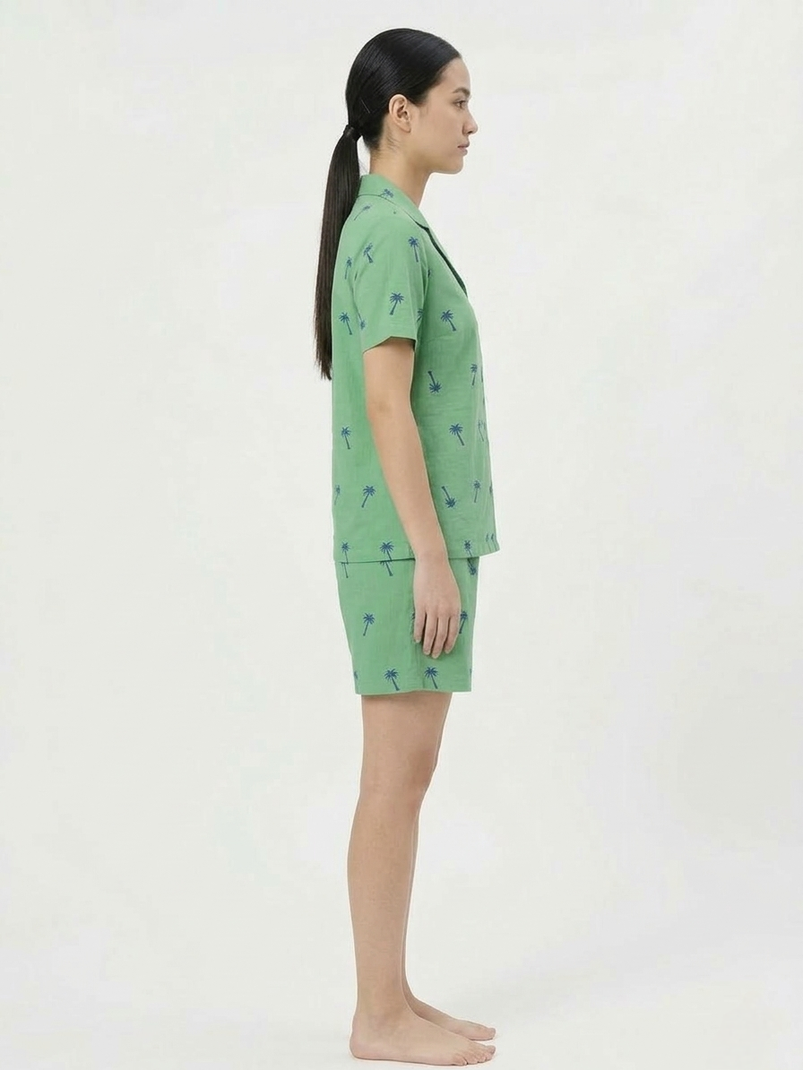 Green & Blue Palm Tree Print loungewear Short Set for Women