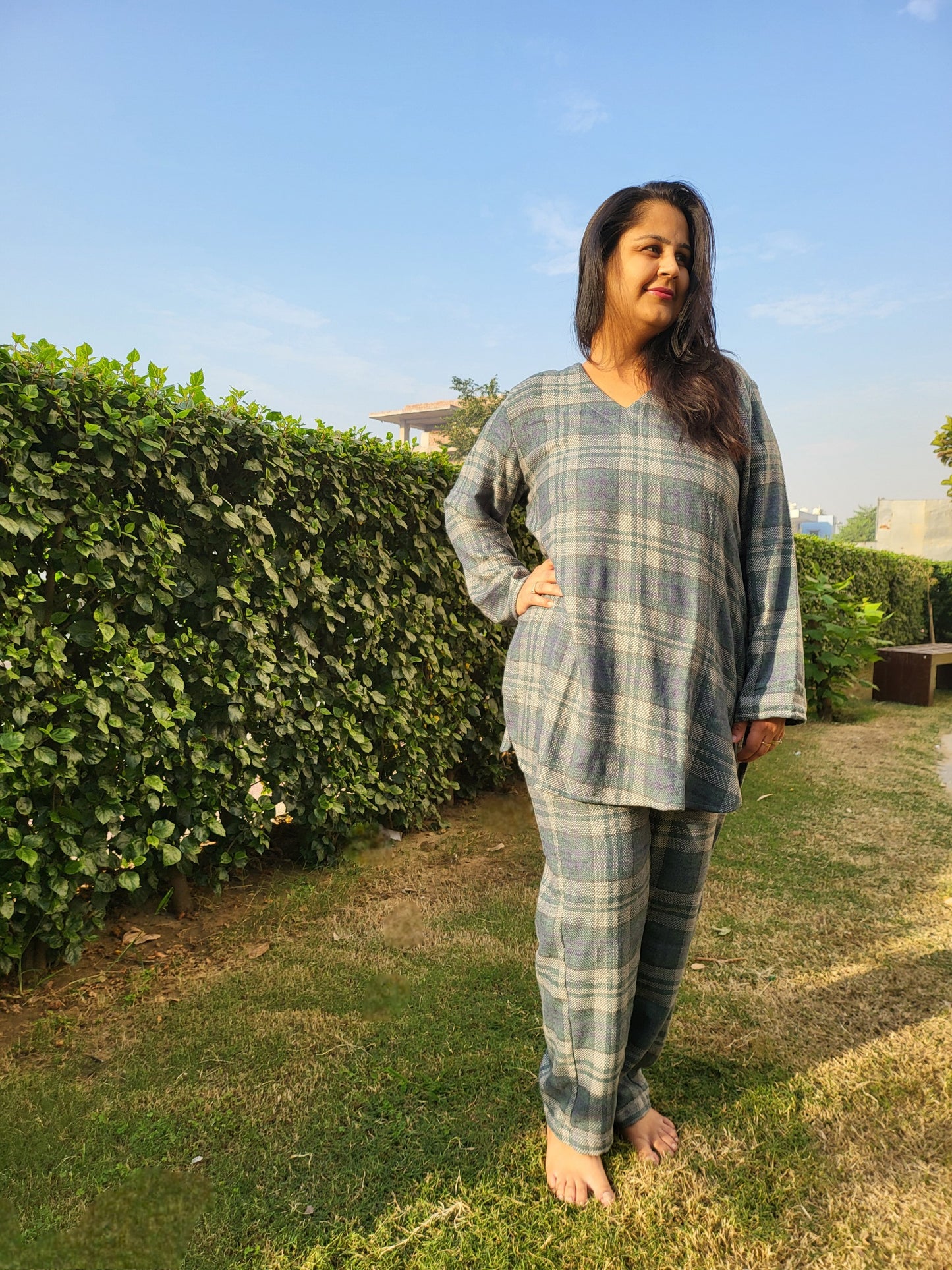 Soft Grey Checkered Winter Nightsuit Set for Women
