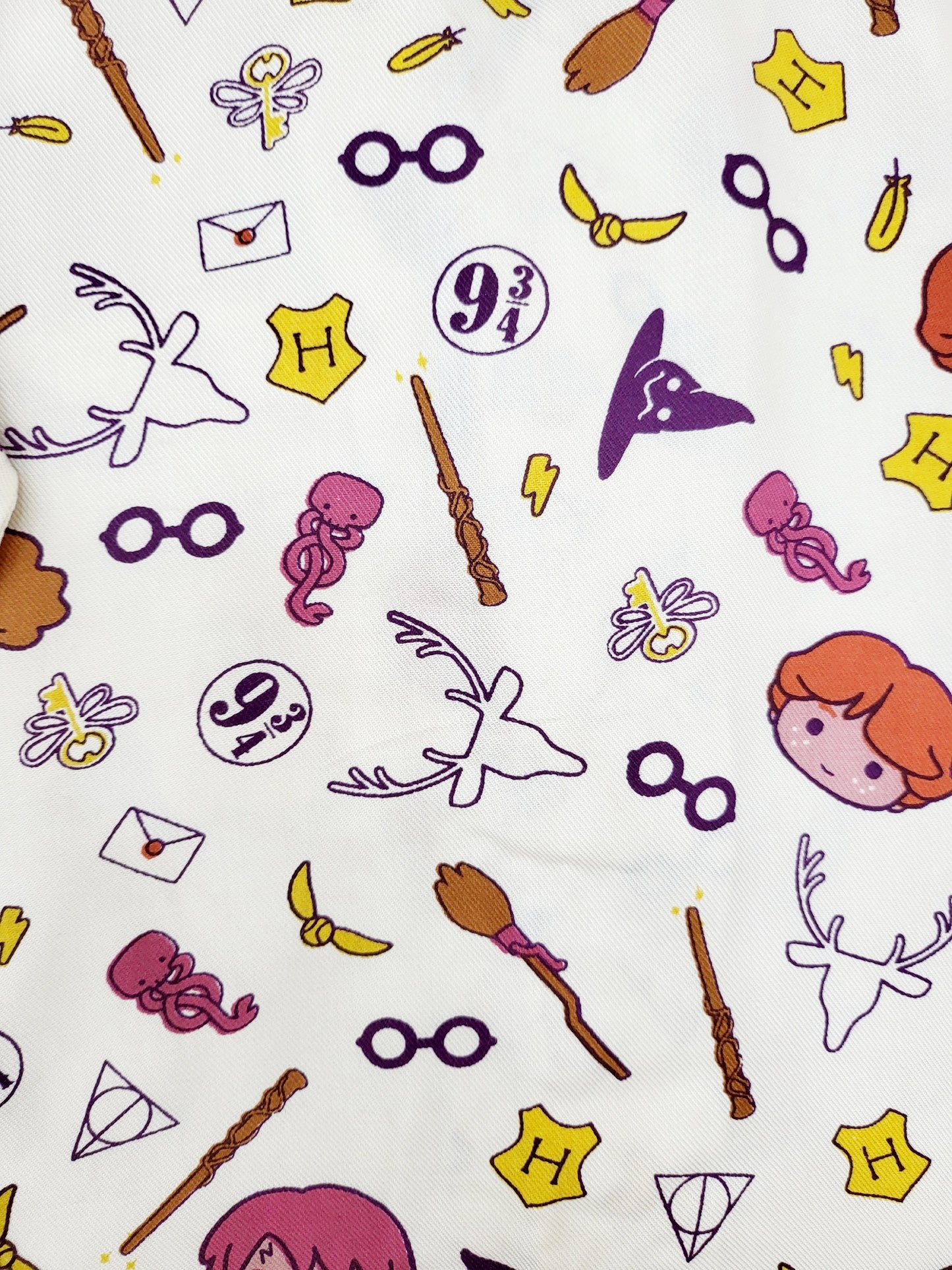 Zoomed-in view of the sleeve of the Harry Potter nightsuit, featuring a repeating pattern of magical symbols and icons, made from breathable cotton, ideal for kids who love the details