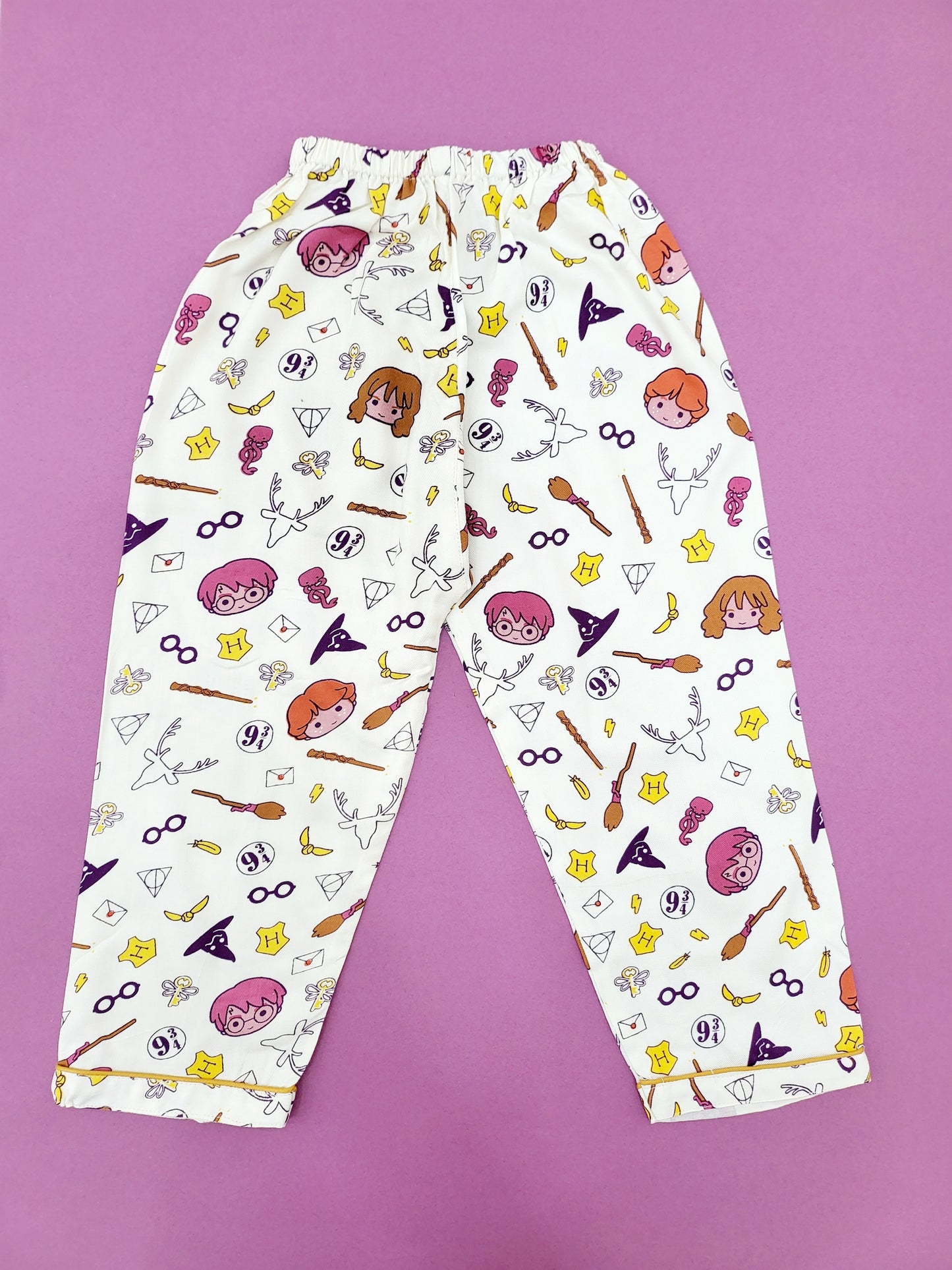 pyjama shot of the Harry Potter nightsuit, featuring a close-up view of the fabric and design, made from soft and breathable cotton, ideal for kids who value quality and comfort and are aged between 0 to 14 years