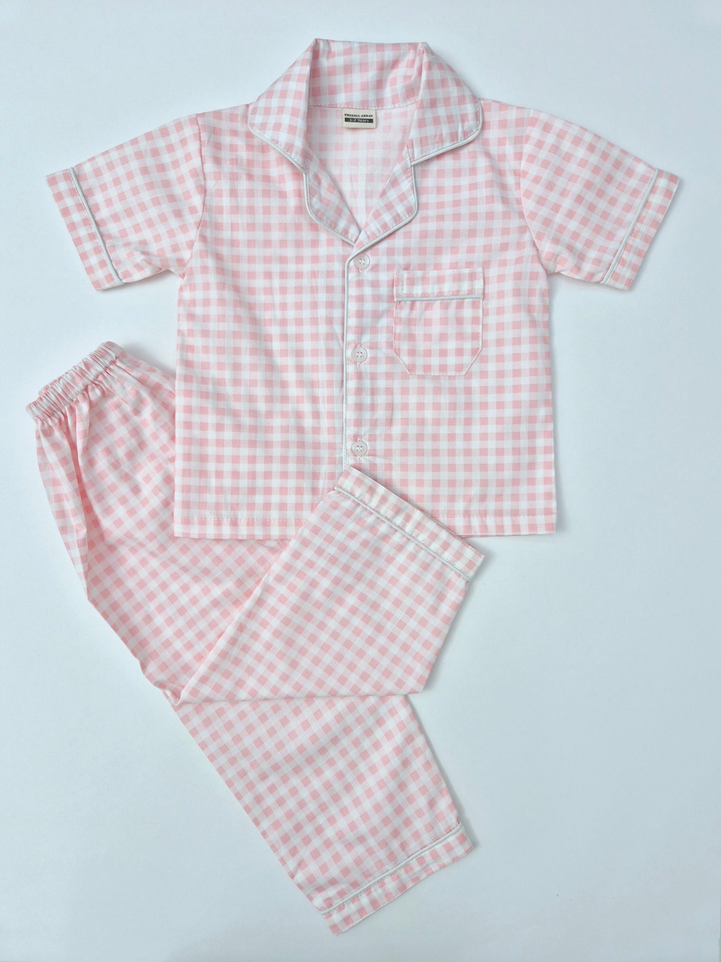pink white check pajama set kids