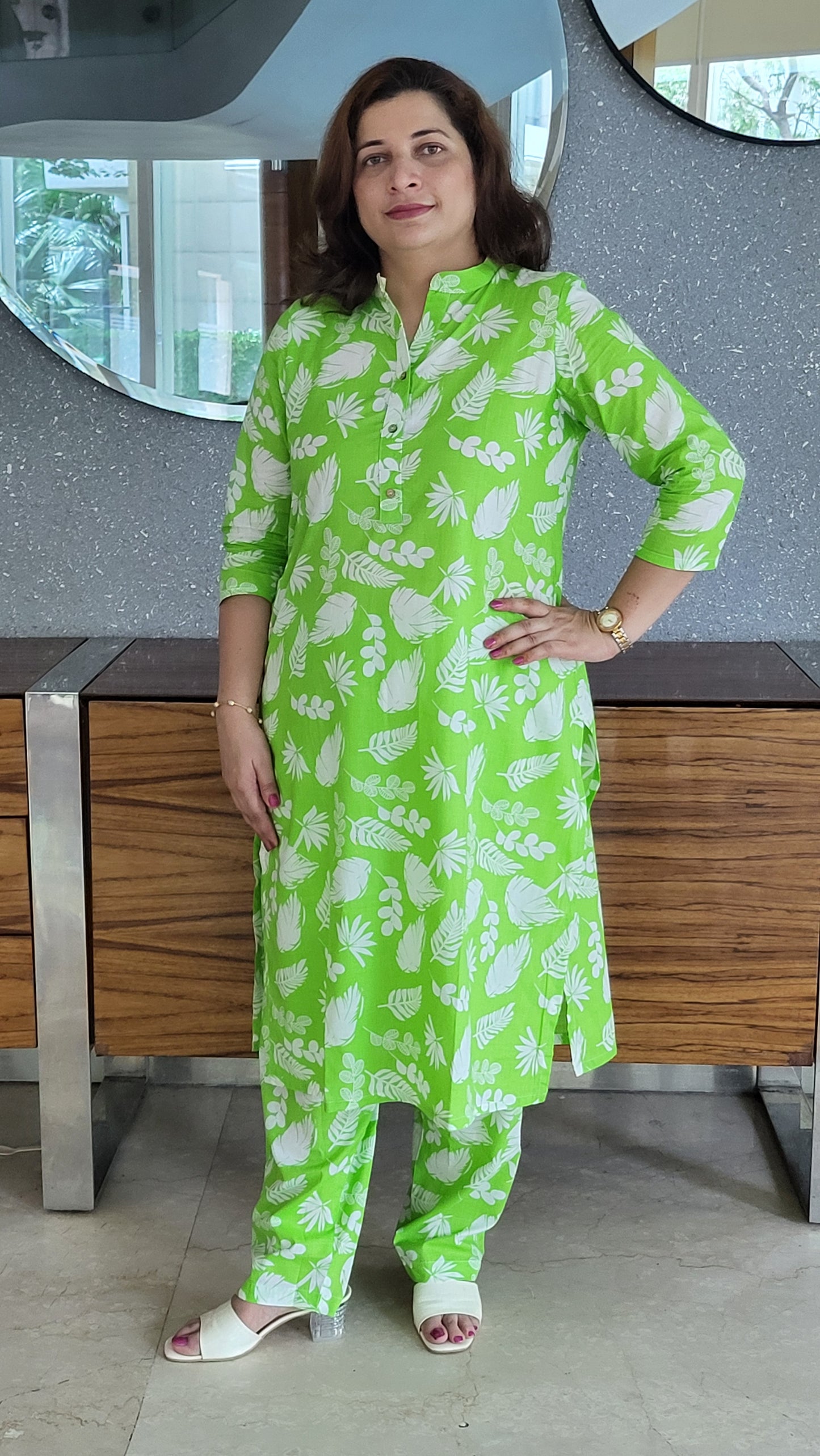 Lime Green Floral Cotton Kurta