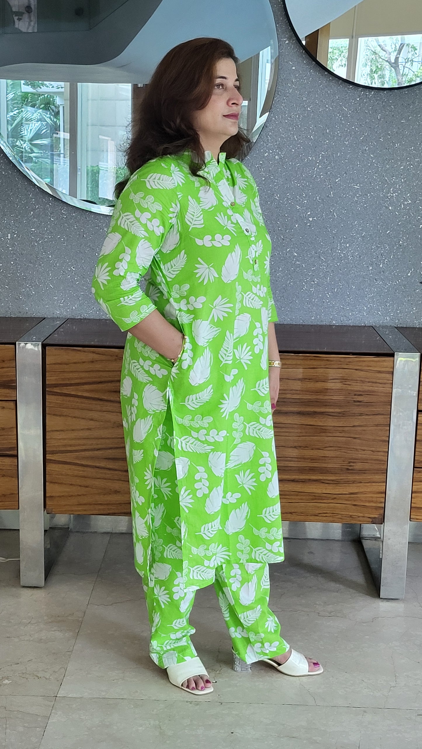 Lime Green Floral Cotton Kurta