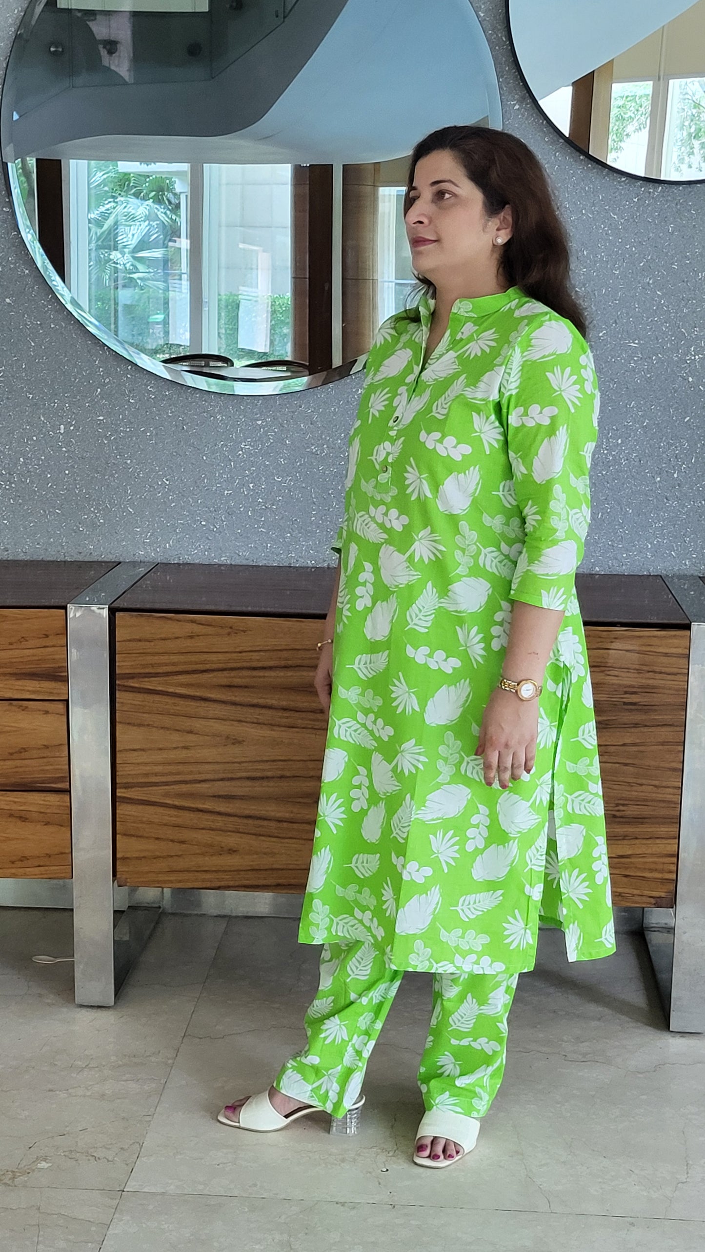 Lime Green Floral Cotton Kurta