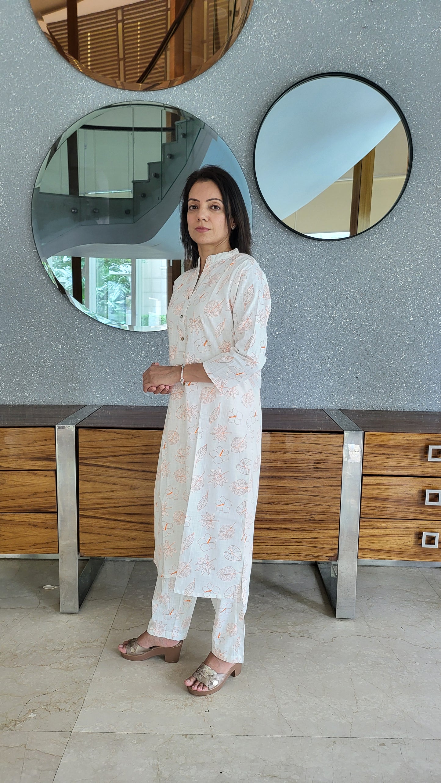 Orange and white Leaf print Cotton Kurta with Pants