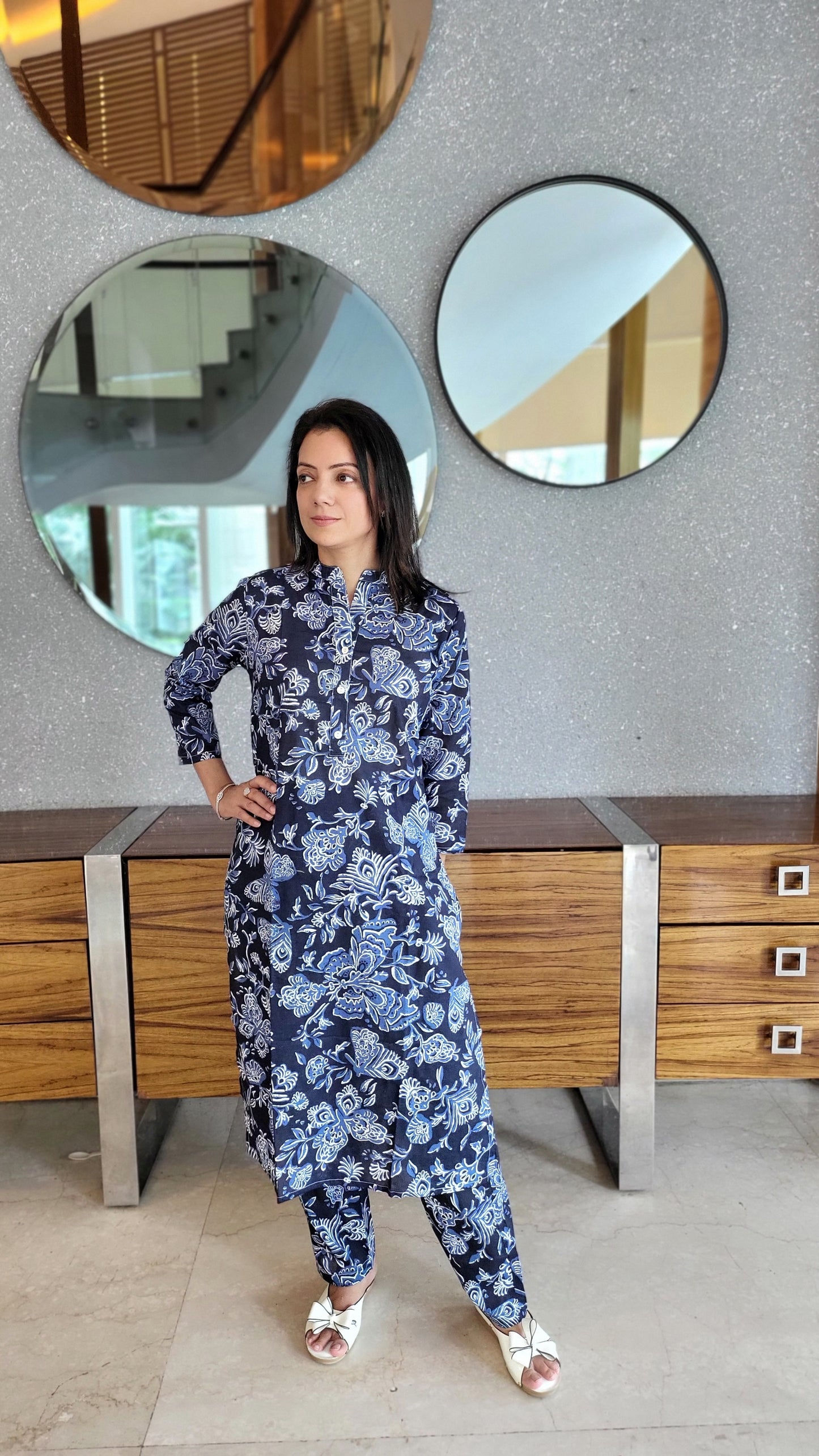 Indigo Blue and White Cotton printed Kurta