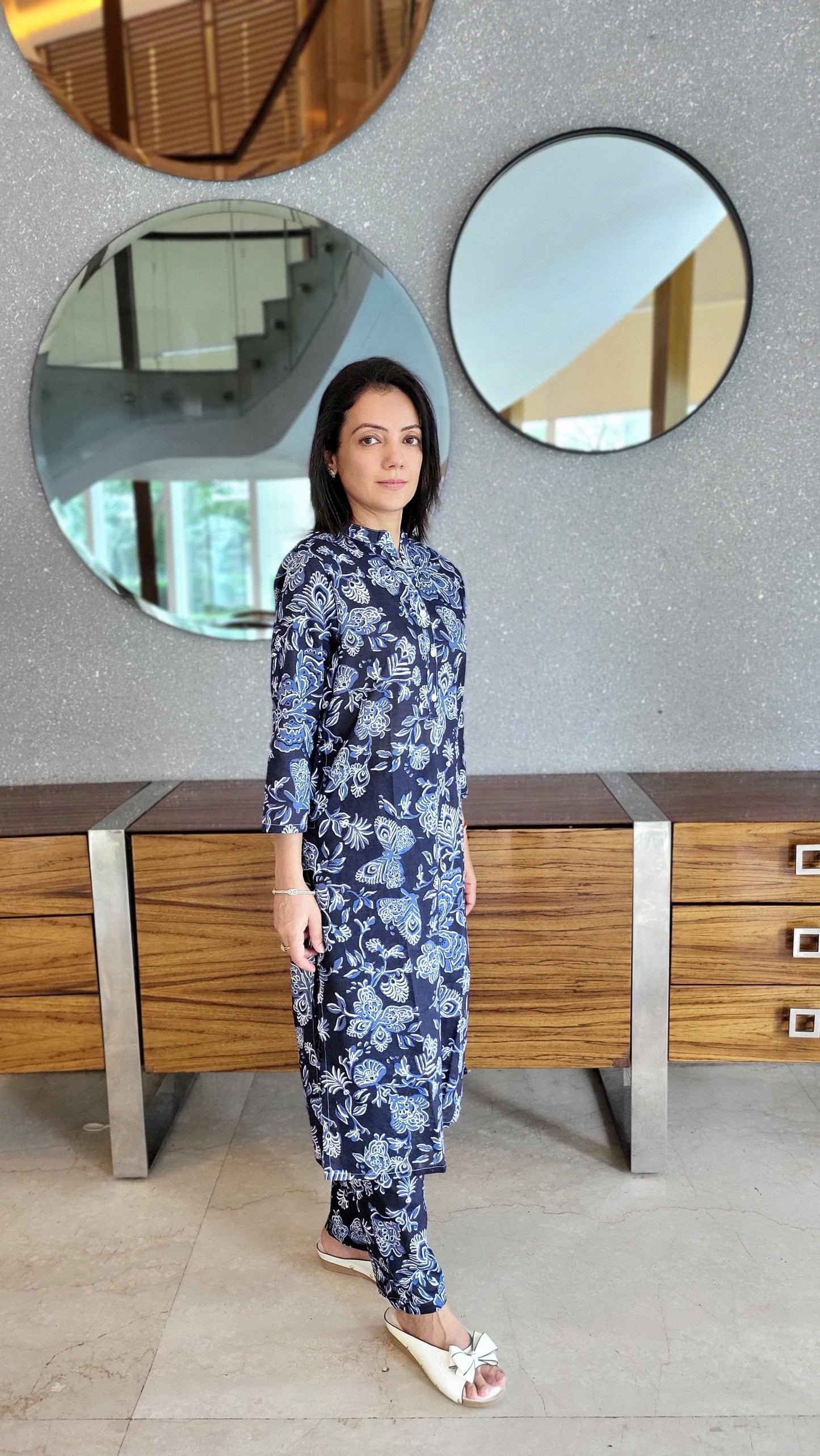 Indigo Blue and White Cotton printed Kurta