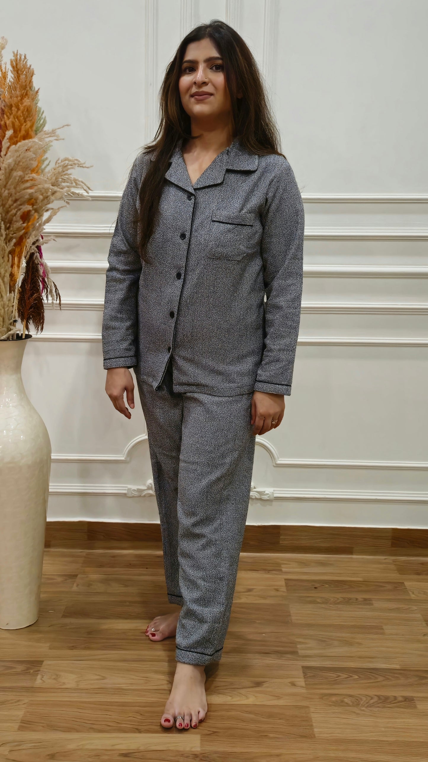 Grey Textured Women's Winter Flannel Nightsuit Set