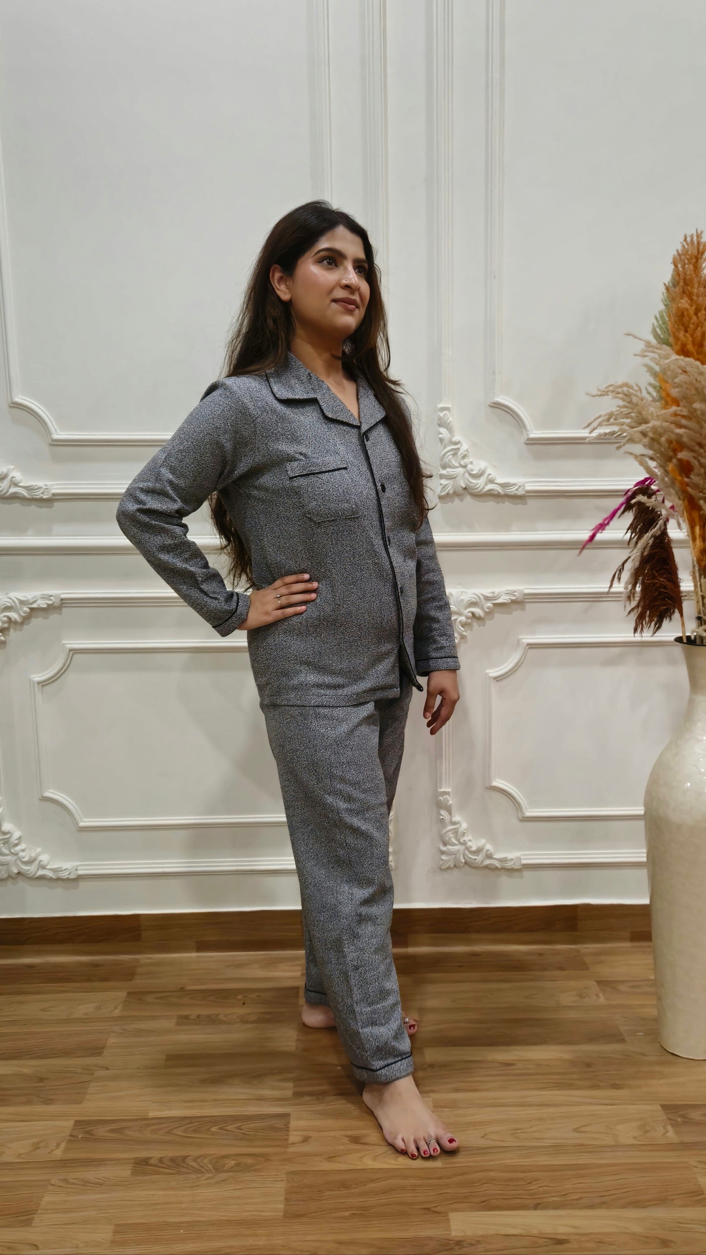 Grey Textured Women's Winter Flannel Nightsuit Set