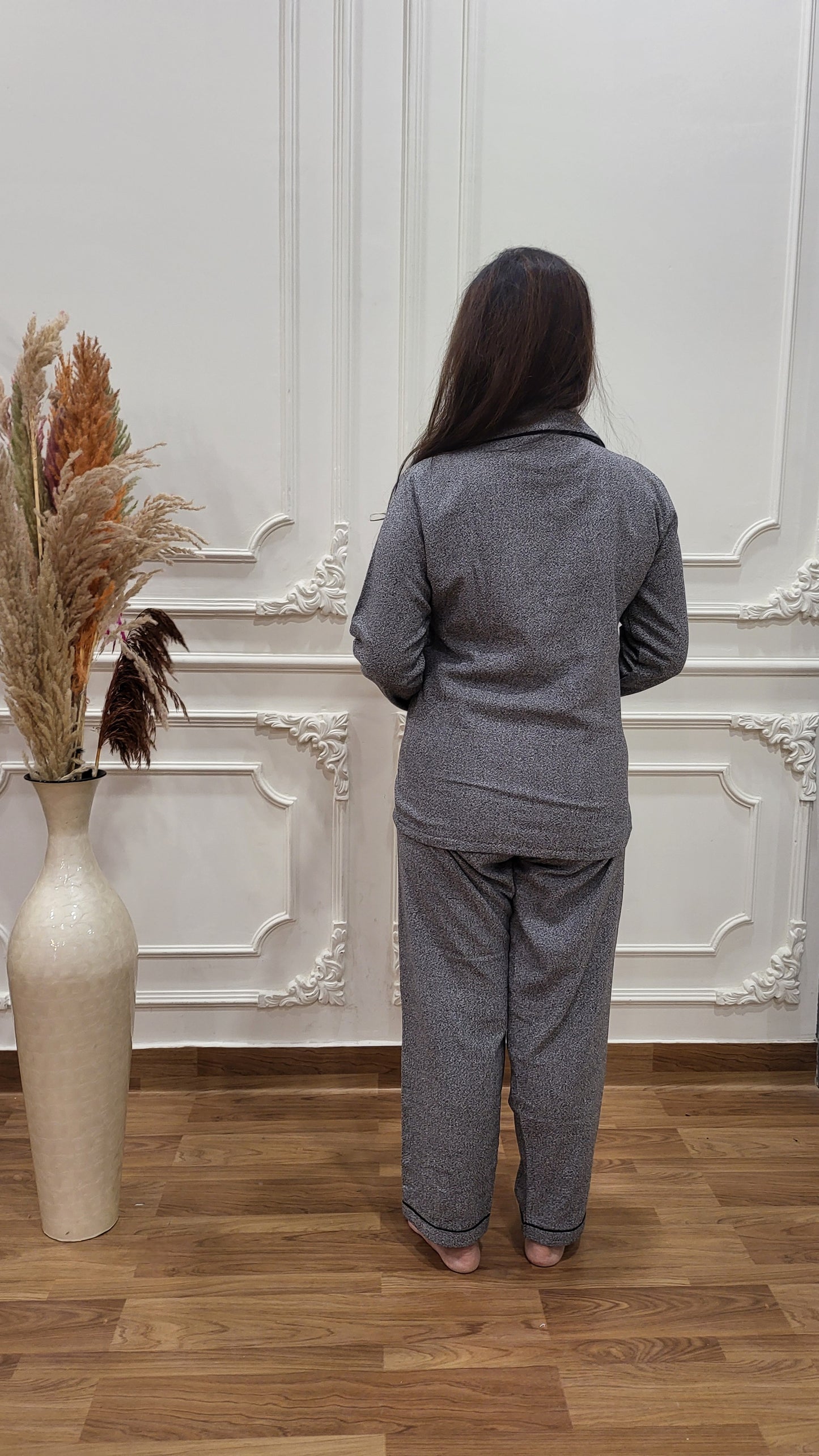 Grey Textured Women's Winter Flannel Nightsuit Set