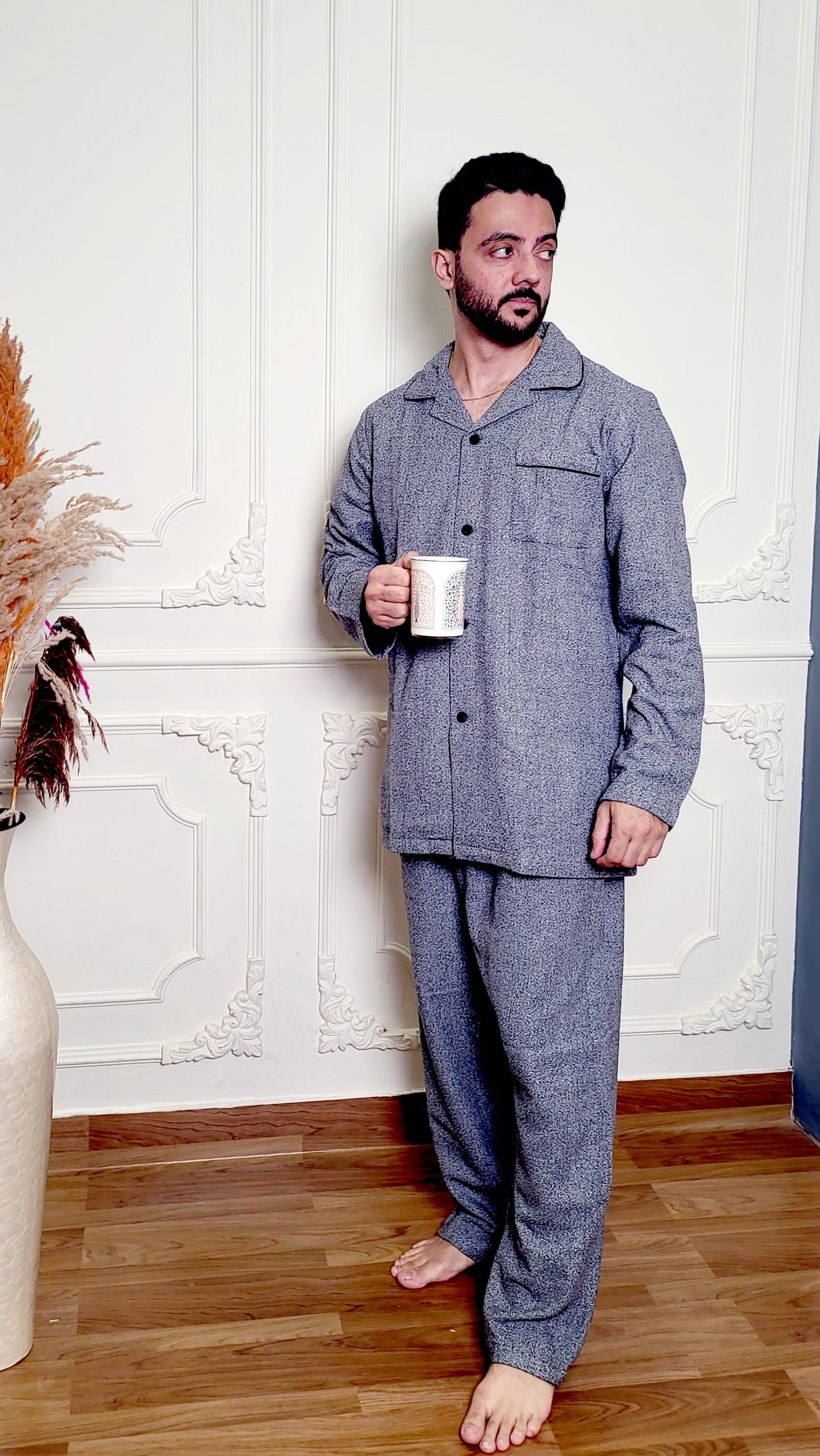 Grey Textured Men's Winter Flannel Nightsuit Set