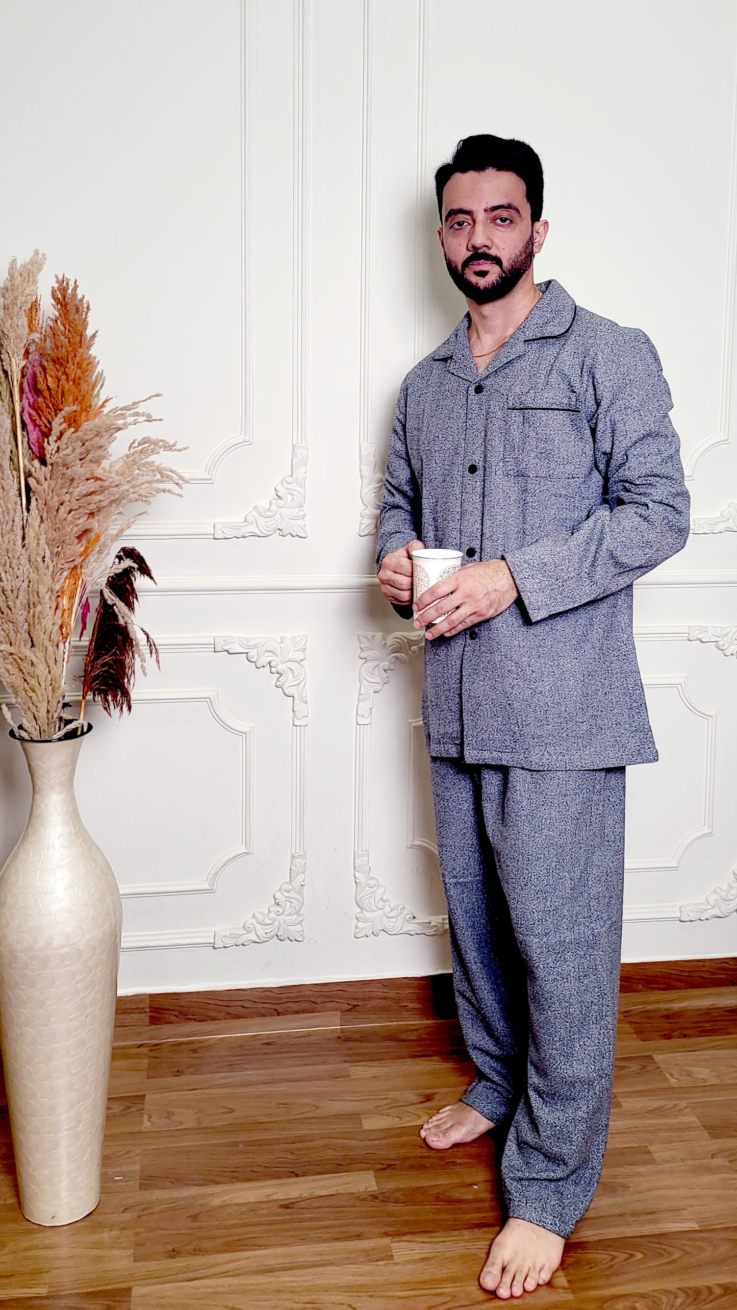 Grey Textured Men's Winter Flannel Nightsuit Set
