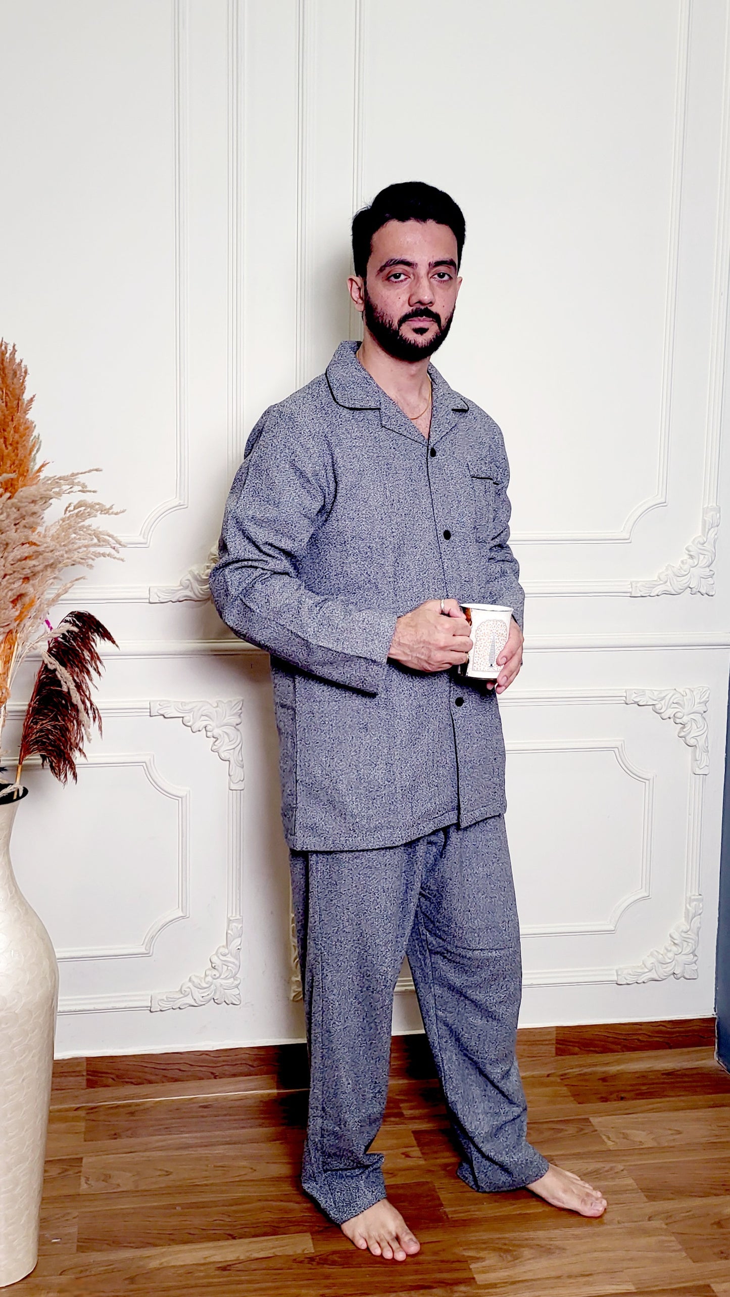 Grey Textured Men's Winter Flannel Nightsuit Set