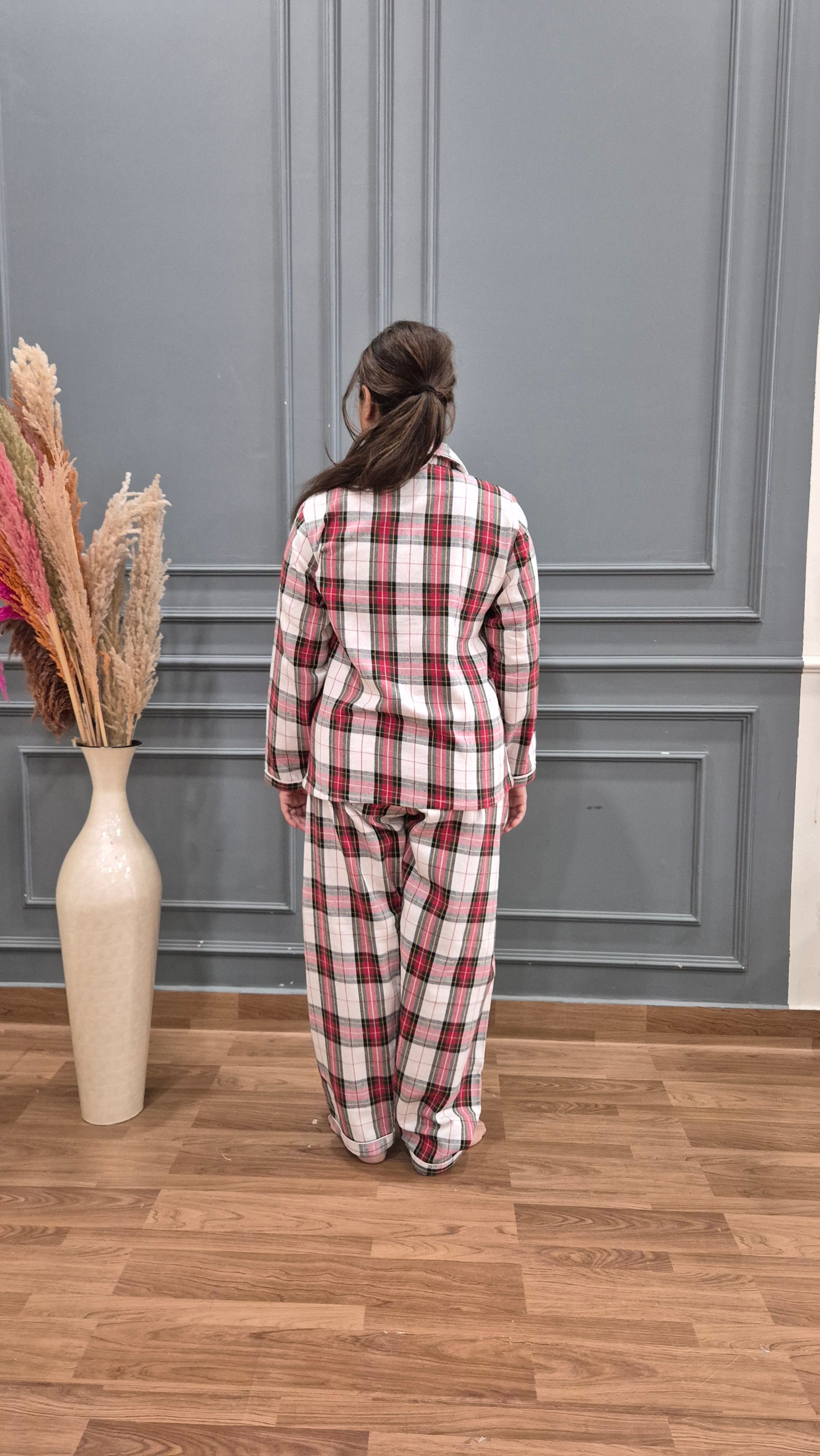 Red Checkered Women Winter Flannel Nightsuit Set