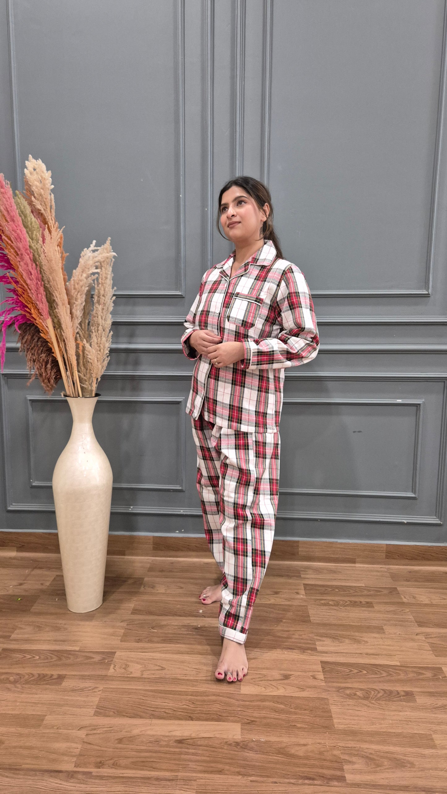 Red Checkered Women Winter Flannel Nightsuit Set