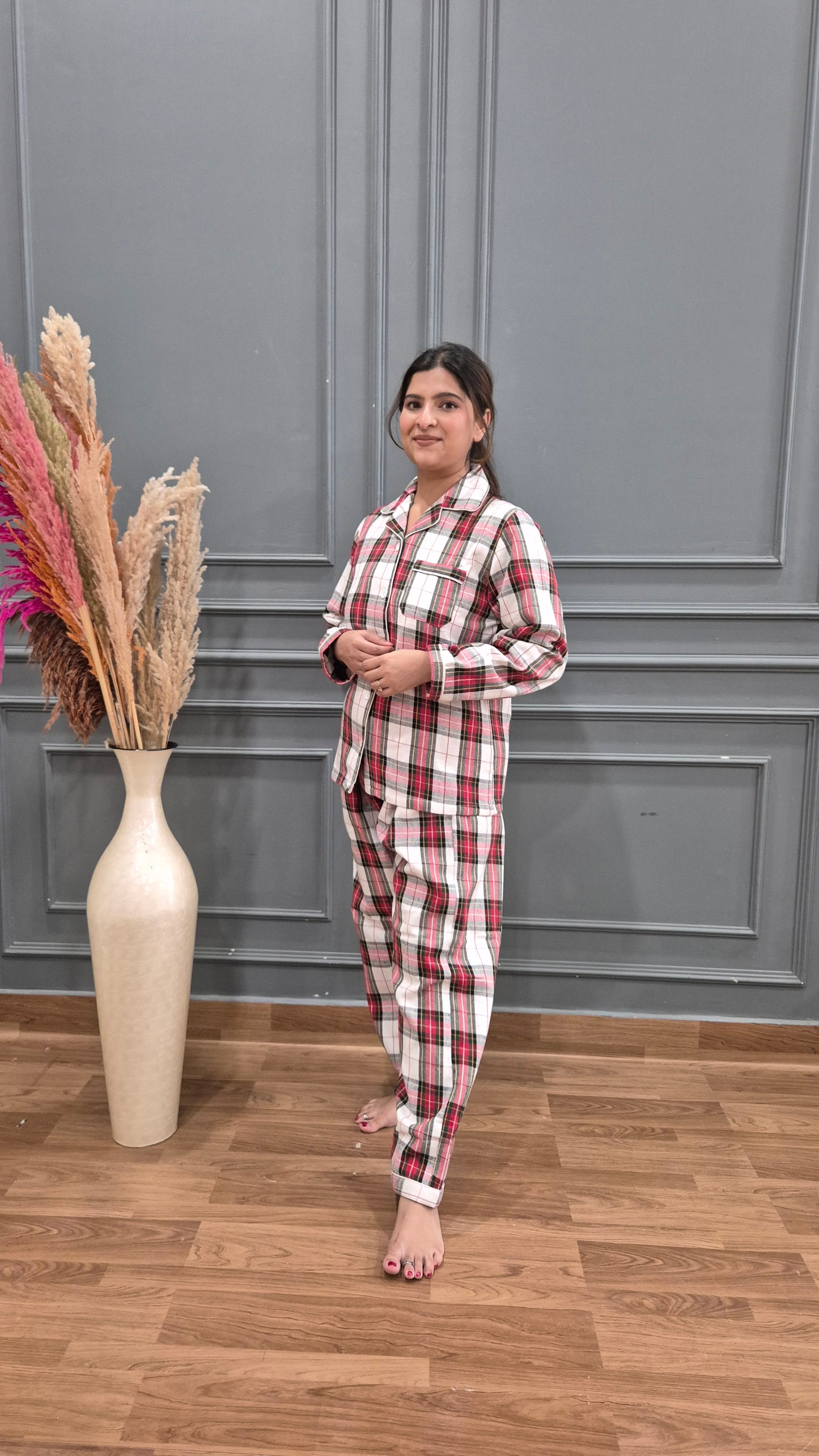 Red Checkered Women Winter Flannel Nightsuit Set