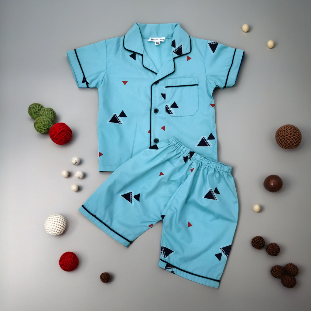 Blue Geometric Unisex Shorts set