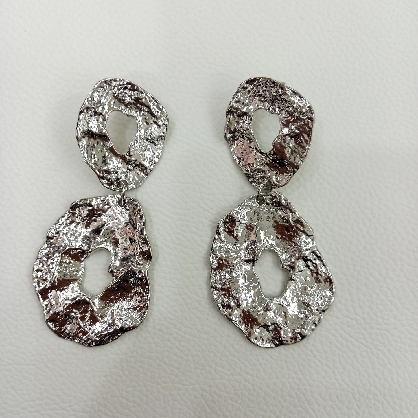 Double Drop Oval Silver hammered Earrings