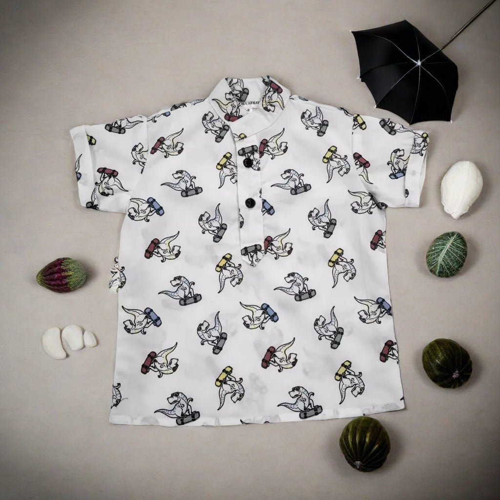 Cream kurta shirt fir boys in Dinosaur print in mandarin collar