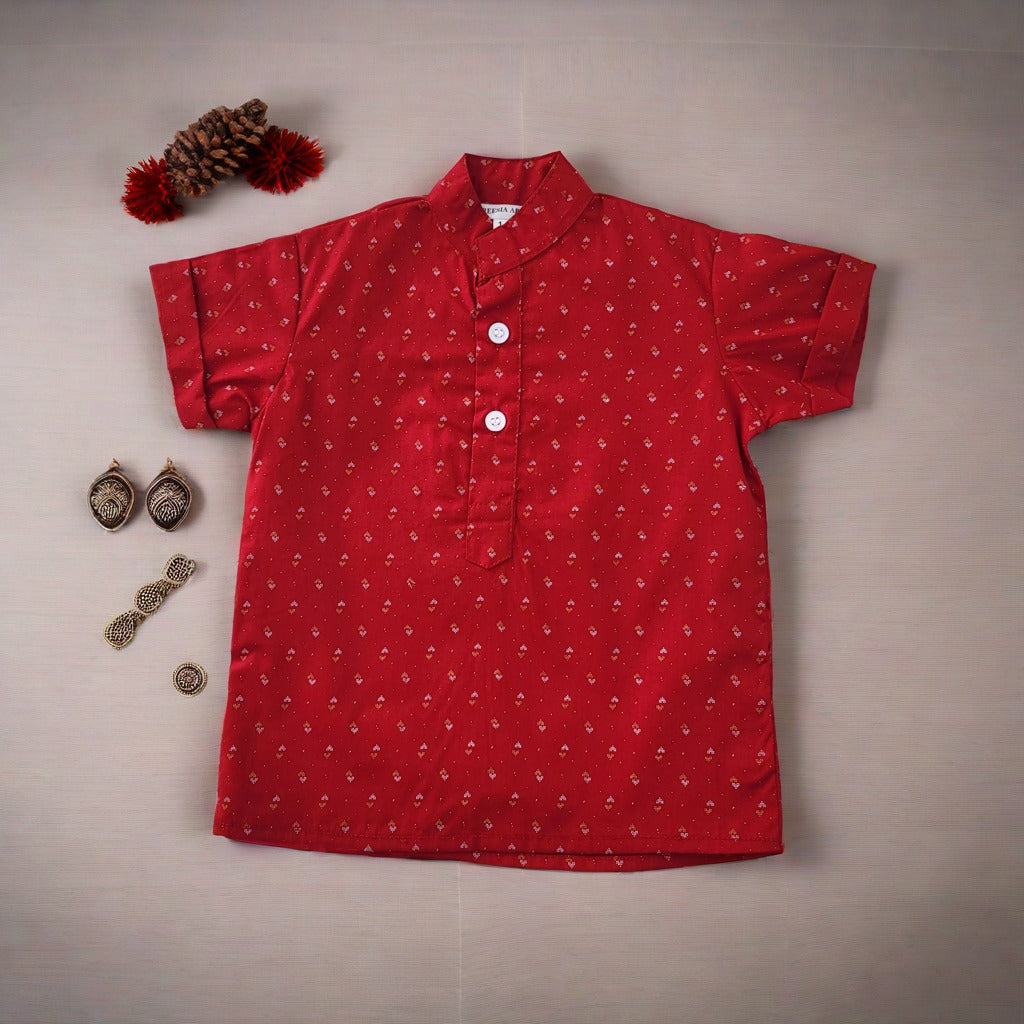 Crimson red kurta shirt for boys made from fine cotton fabric with mandarin collars