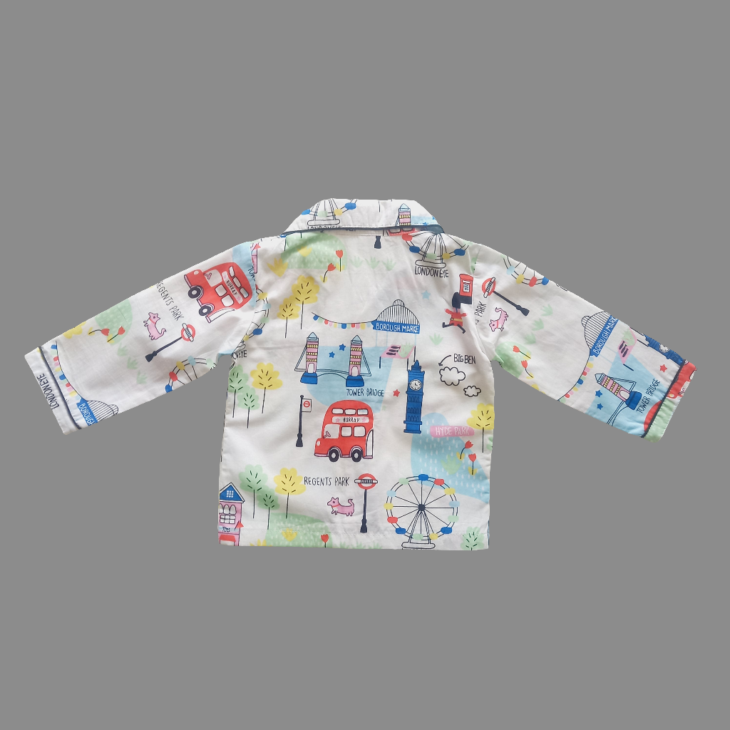 Unisex white nightsuit with full sleeves, featuring a fair print with wheels and cartoons, ideal for kids who love excitement and entertainment, aged 1-14 years