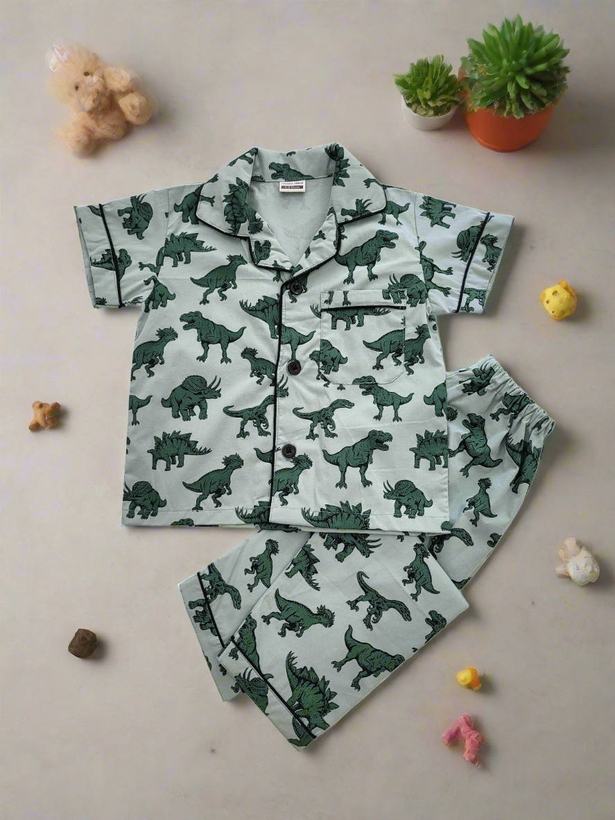 Roar-some green short sleeve nightsuit with dinosaur print, perfect for kids aged 1-14 years who love prehistoric creatures