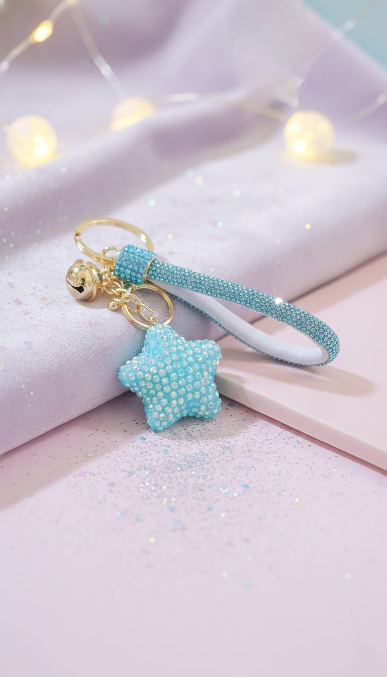 Beaded Star Keychain for Kids, Turquoise Blue with Gold Bell Charm, Unisex Accessory