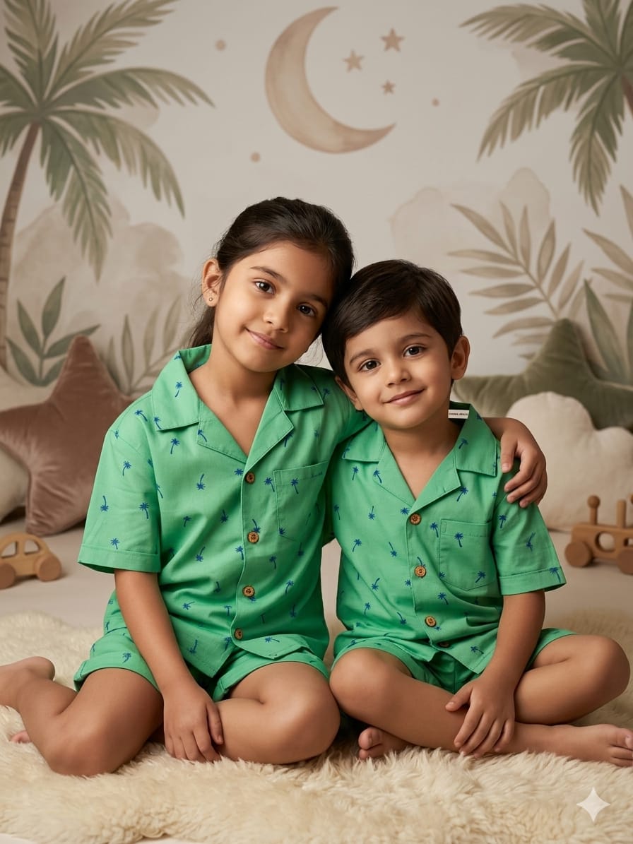 Green with Blue Palm Tree print Unisex Shorts Nightsuit Set