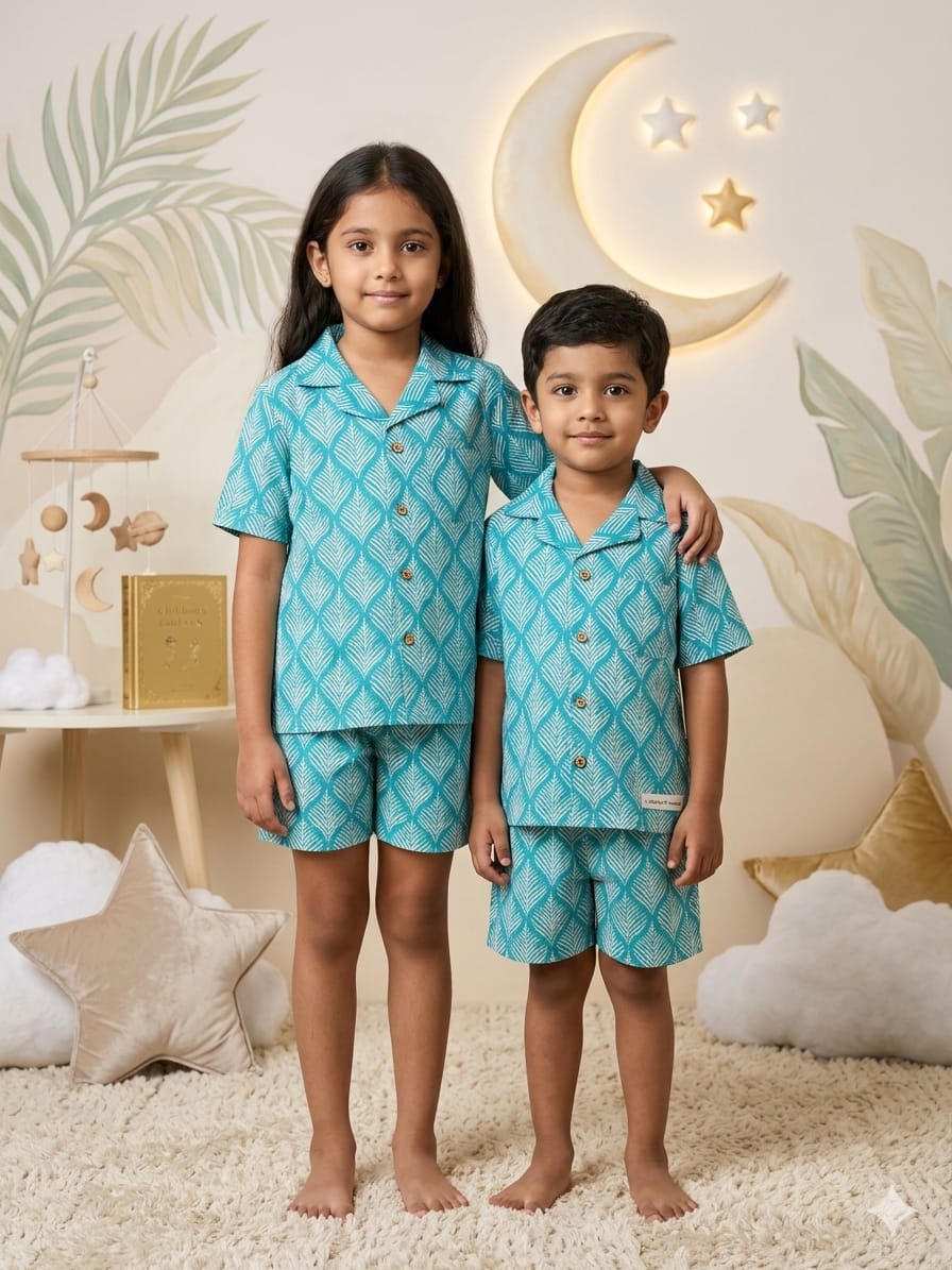 Teal Leaf Print Unisex Shorts Nightsuit Set