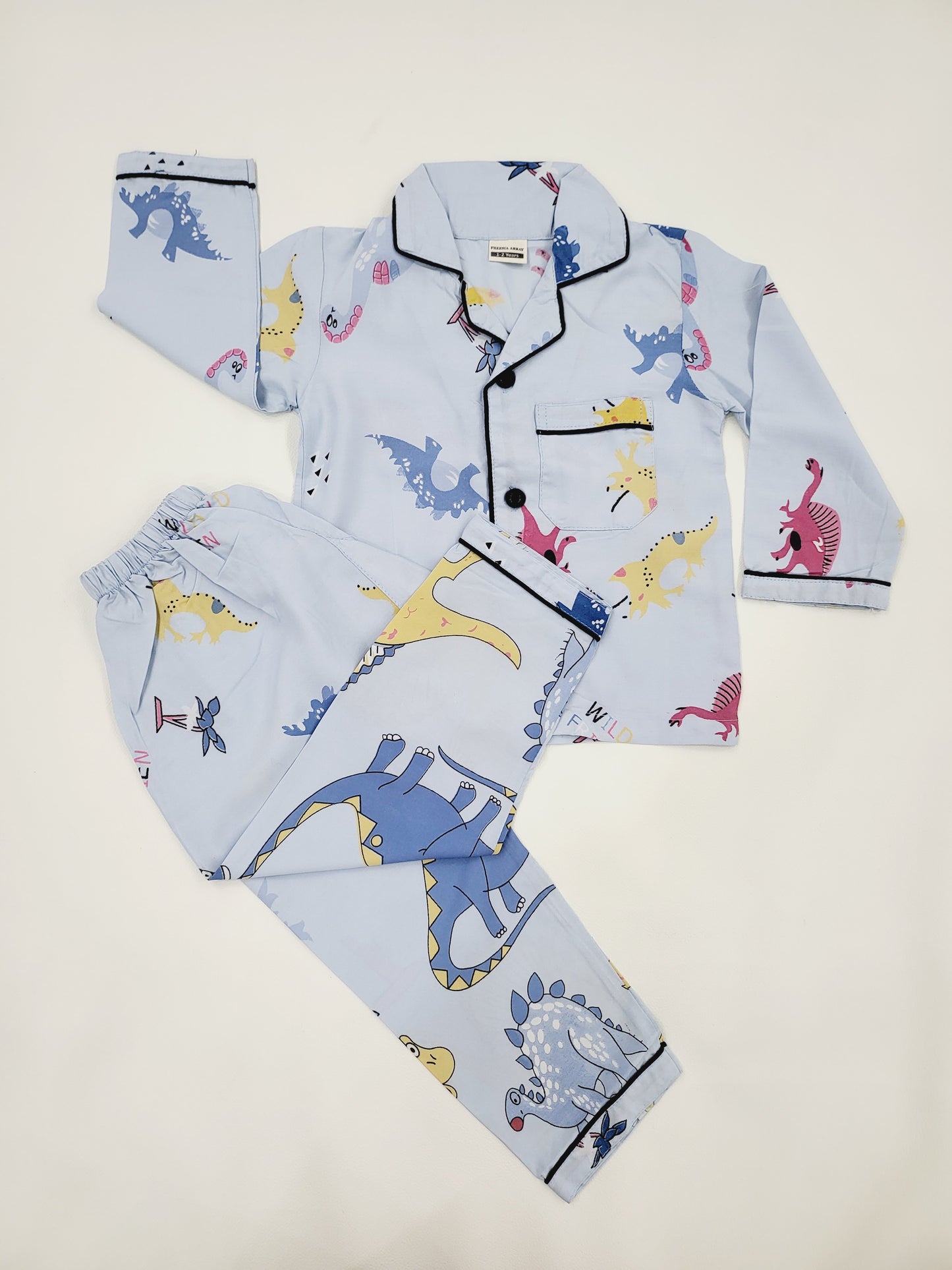 Roar-some sky blue cotton nightsuit with colorful dinosaur print, perfect for boys and girls aged 1-14 years who love prehistoric creatures