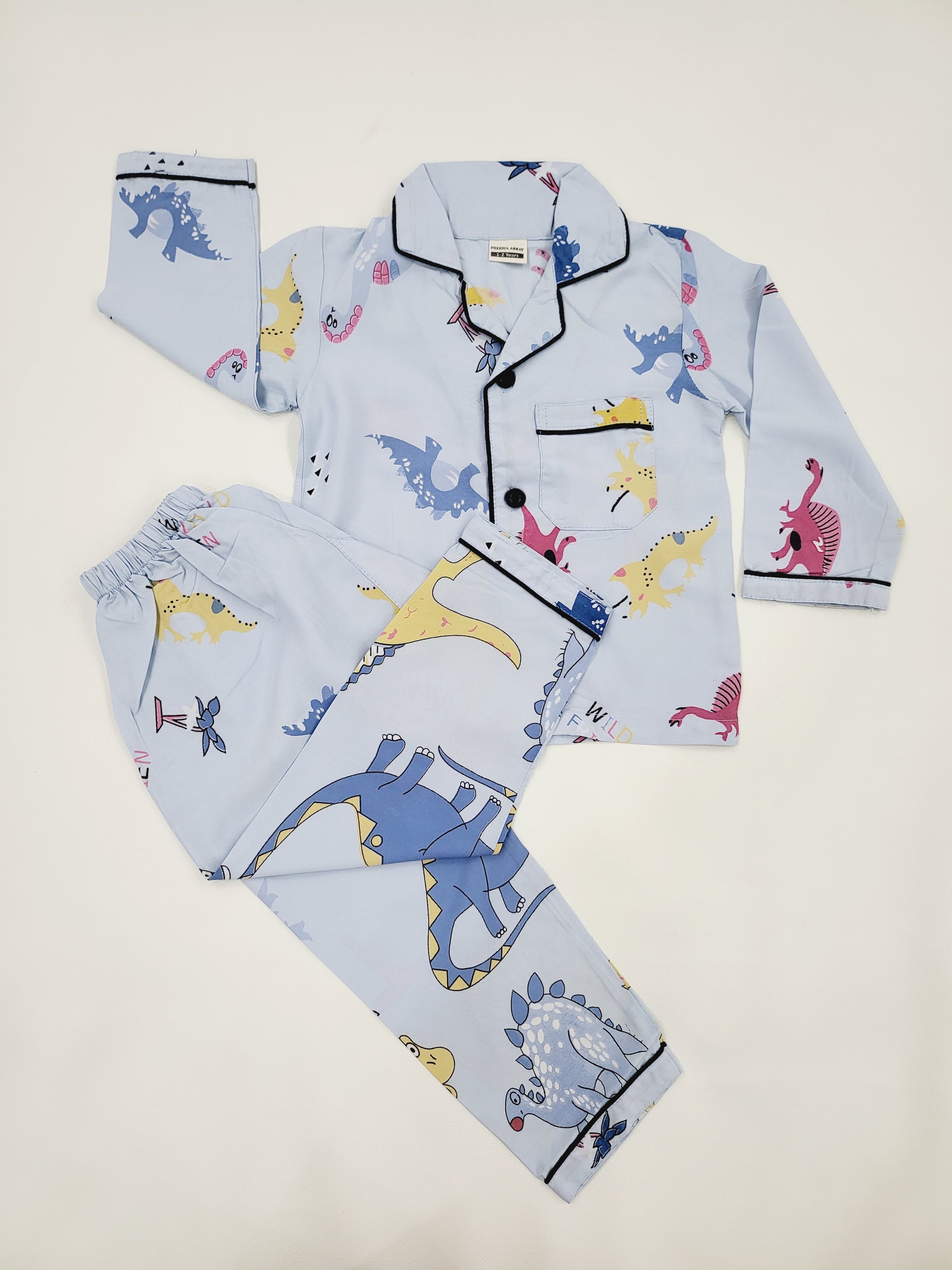 Roar-some sky blue cotton nightsuit with colorful dinosaur print, perfect for boys and girls aged 1-14 years who love prehistoric creatures