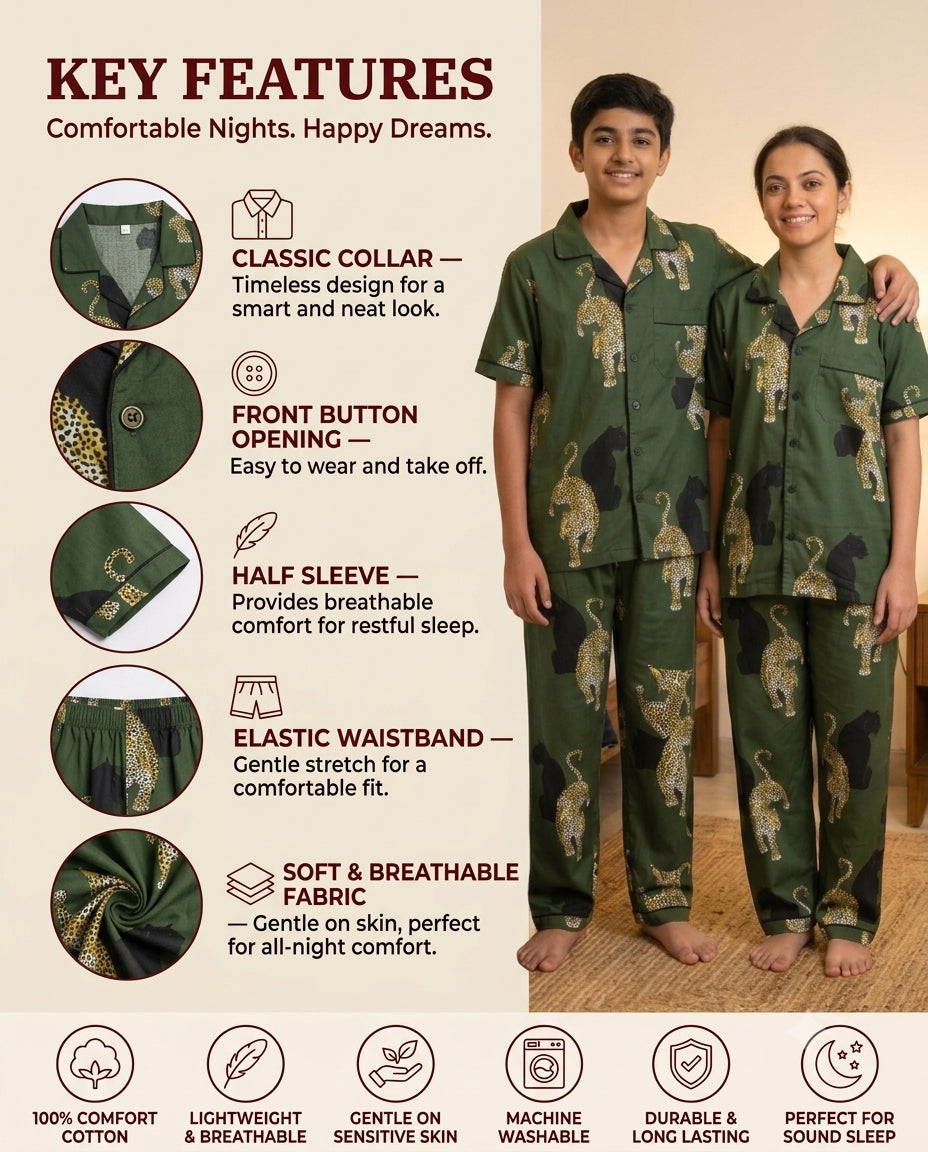 Green Leopard & Panther Print Cotton Unisex Nightsuit Set