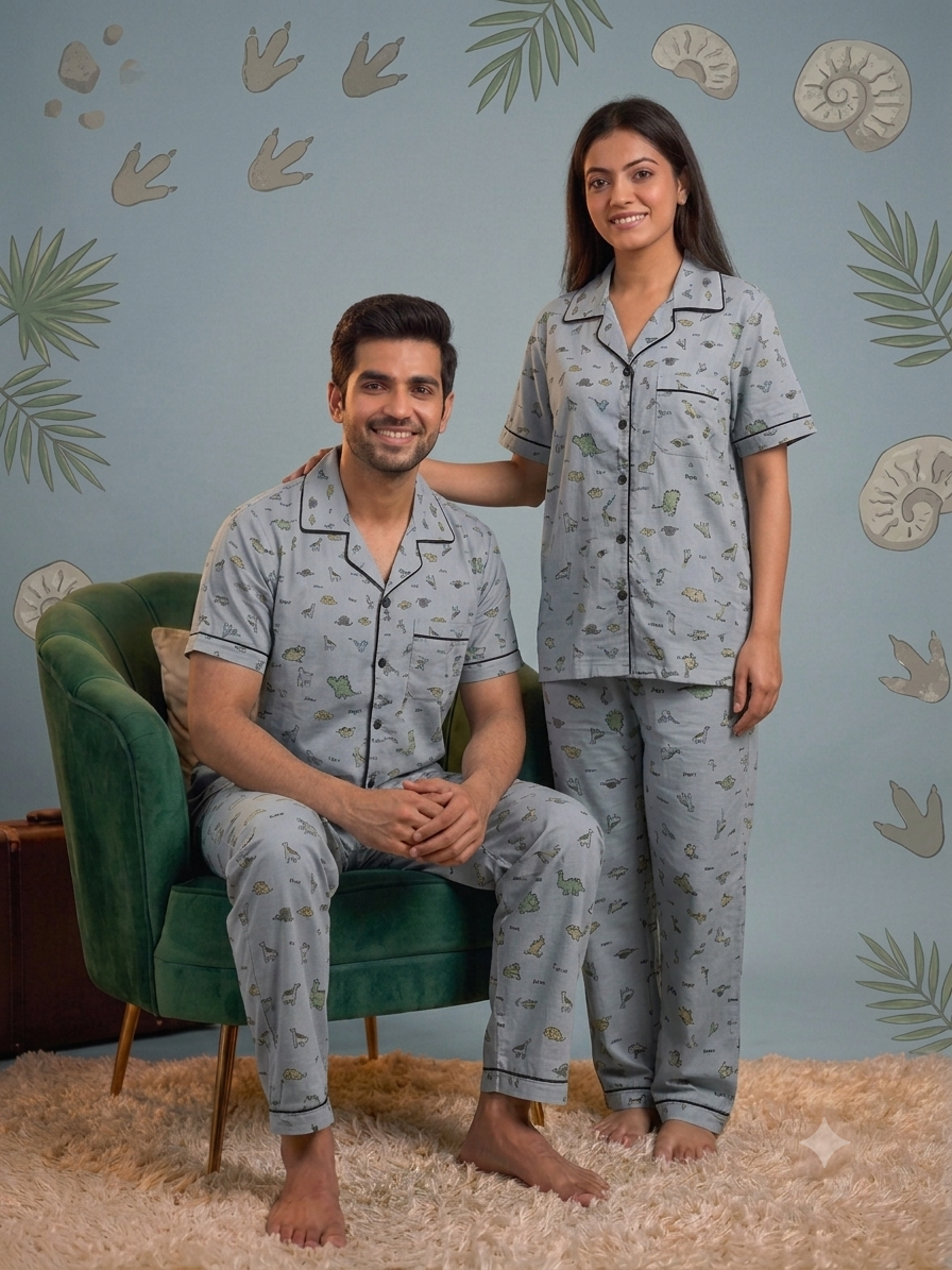 Grey Dinosaur Printed Pure Unisex Nightsuit Set