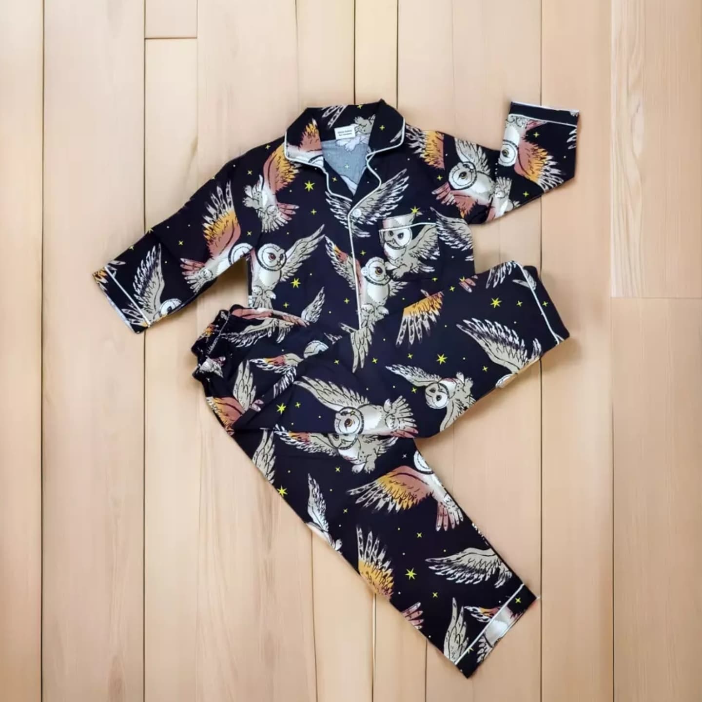 Mysterious black full sleeve nightsuit with owl print, perfect for boys and girls aged 1-14 years who love nocturnal creatures