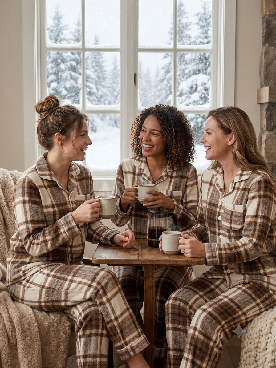 Classic Brown & White Plaid Flannel Unisex Nightsuit Set