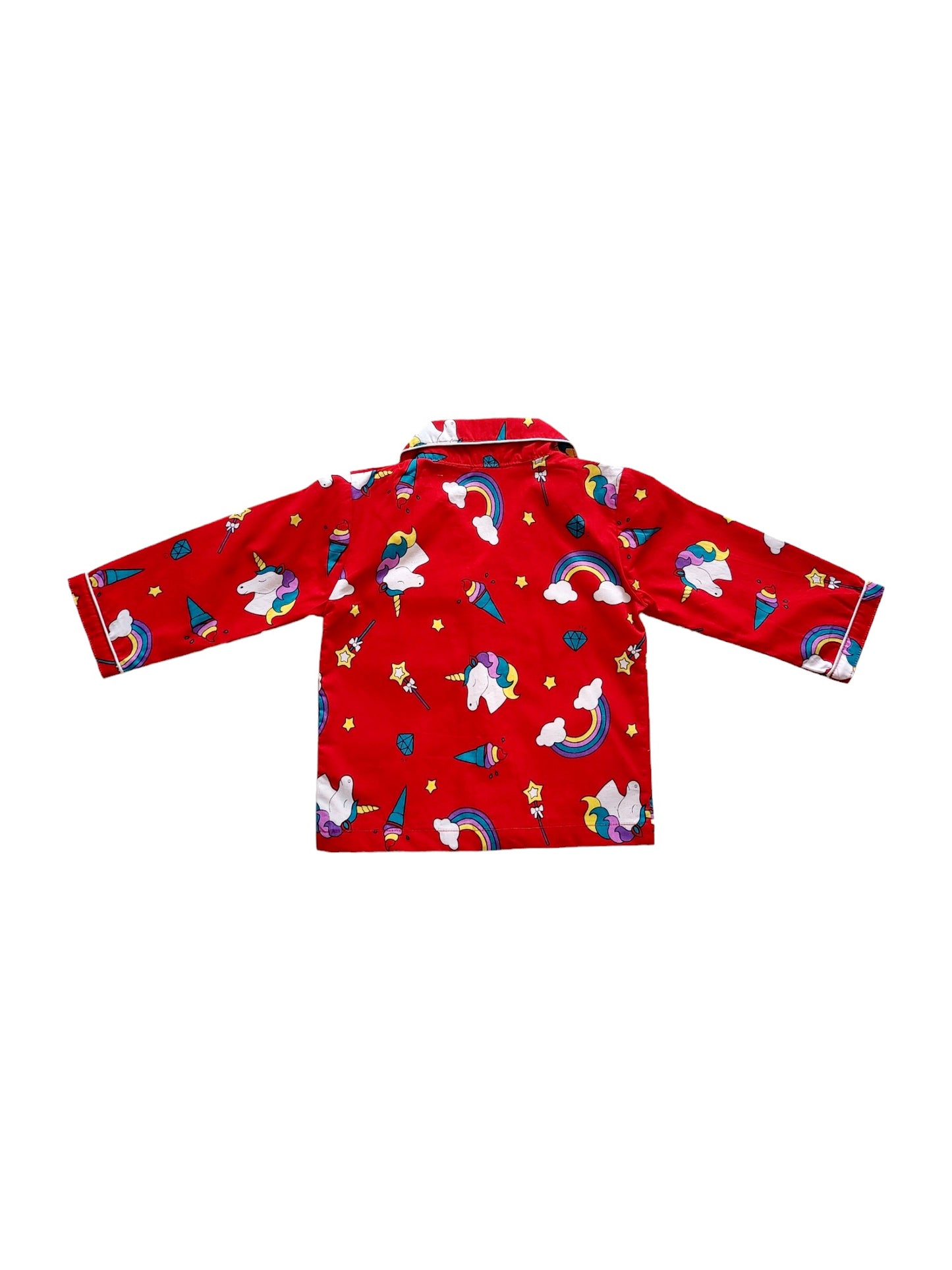 Red nightsuit with unicorn print, a great way to add some magic to bedtime, perfect for kids who love fantasy and adventure stories, aged 1-14 years