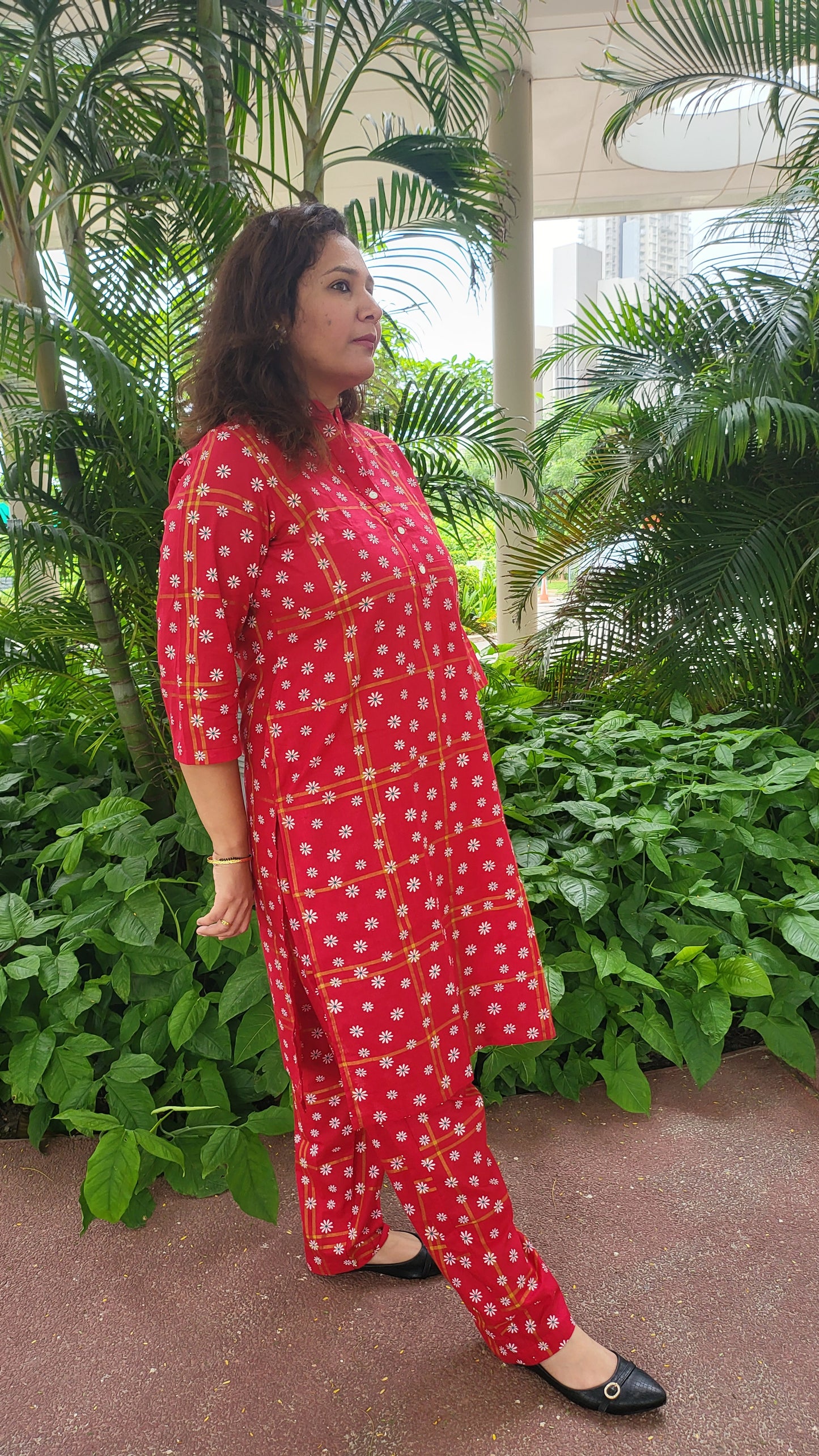 Red Floral Cotton Kurta with Pants
