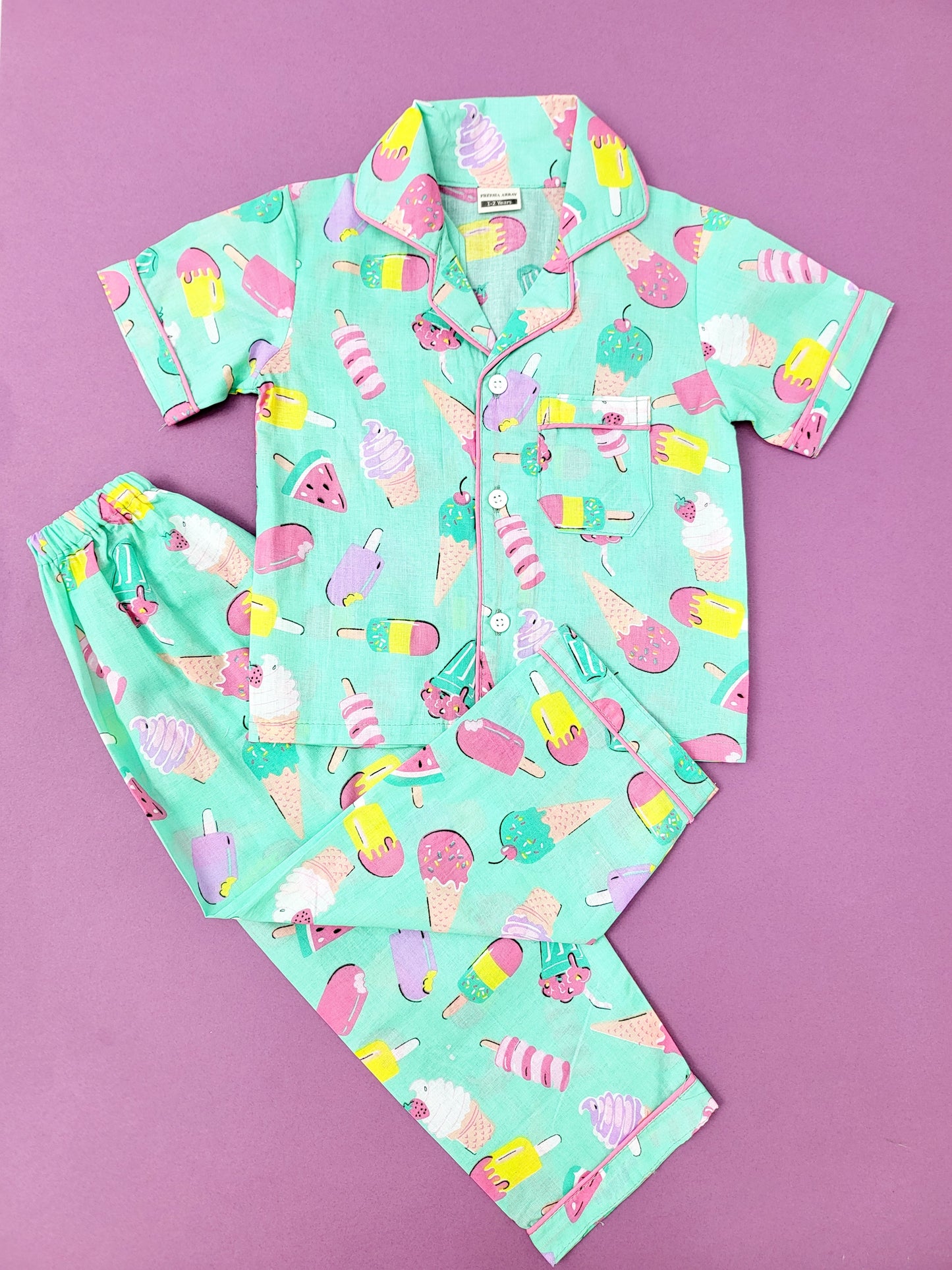 Freesia array Girls Ice Cream Print Pure Cotton Night Suit