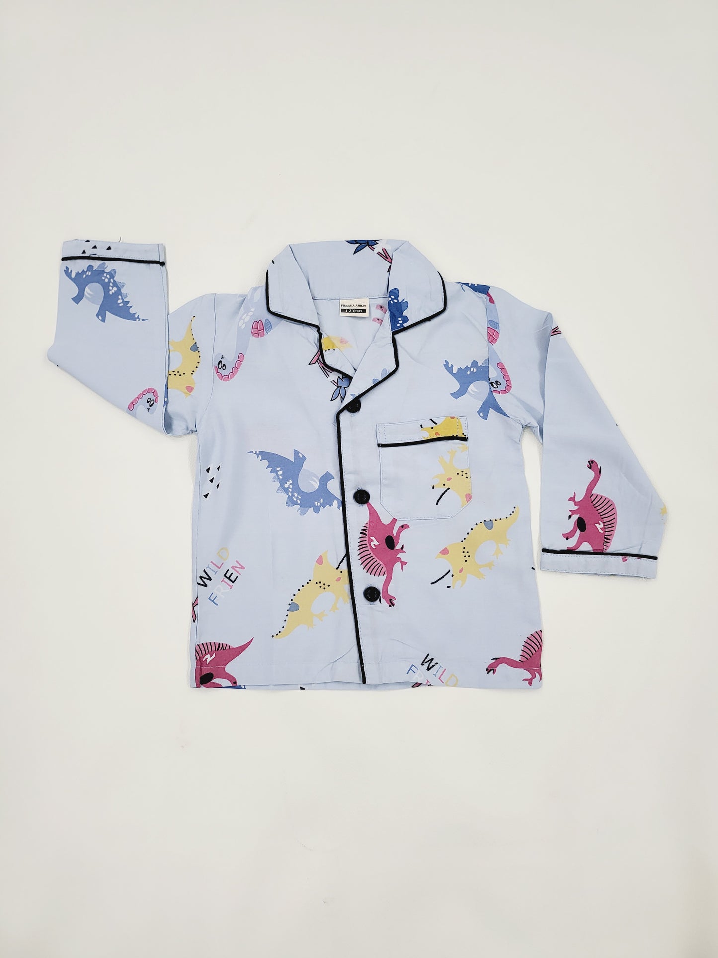 Unisex sky blue rayon nightsuit with full sleeves and vibrant dinosaur design, ideal for kids who love adventure and play