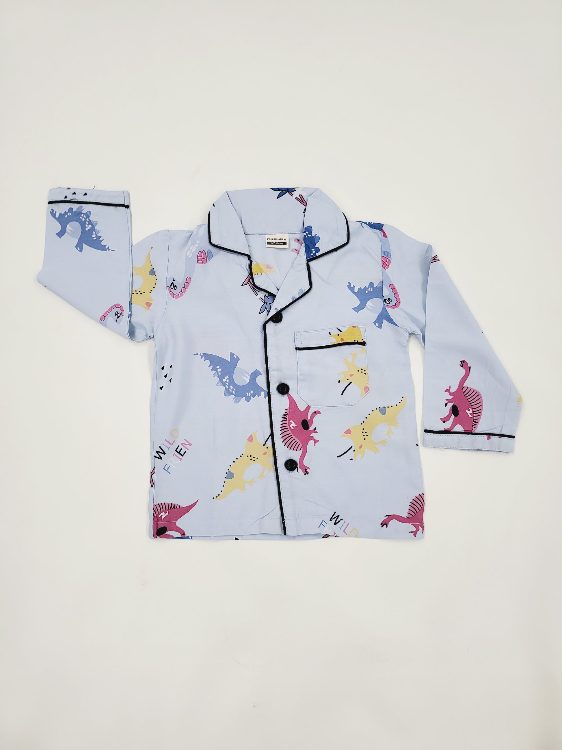 Unisex sky blue rayon nightsuit with full sleeves and vibrant dinosaur design, ideal for kids who love adventure and play