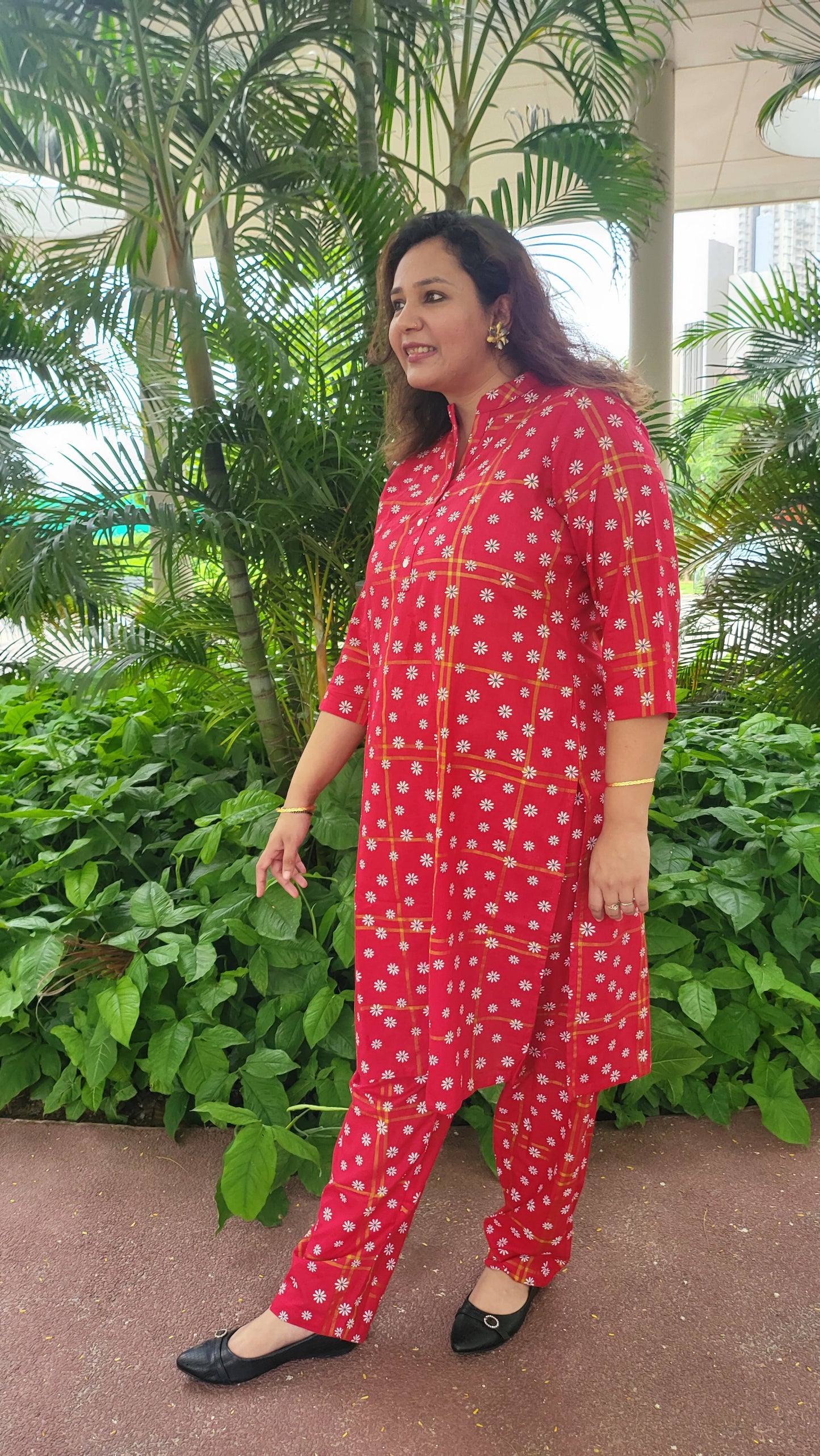 Red Floral Cotton Kurta with Pants