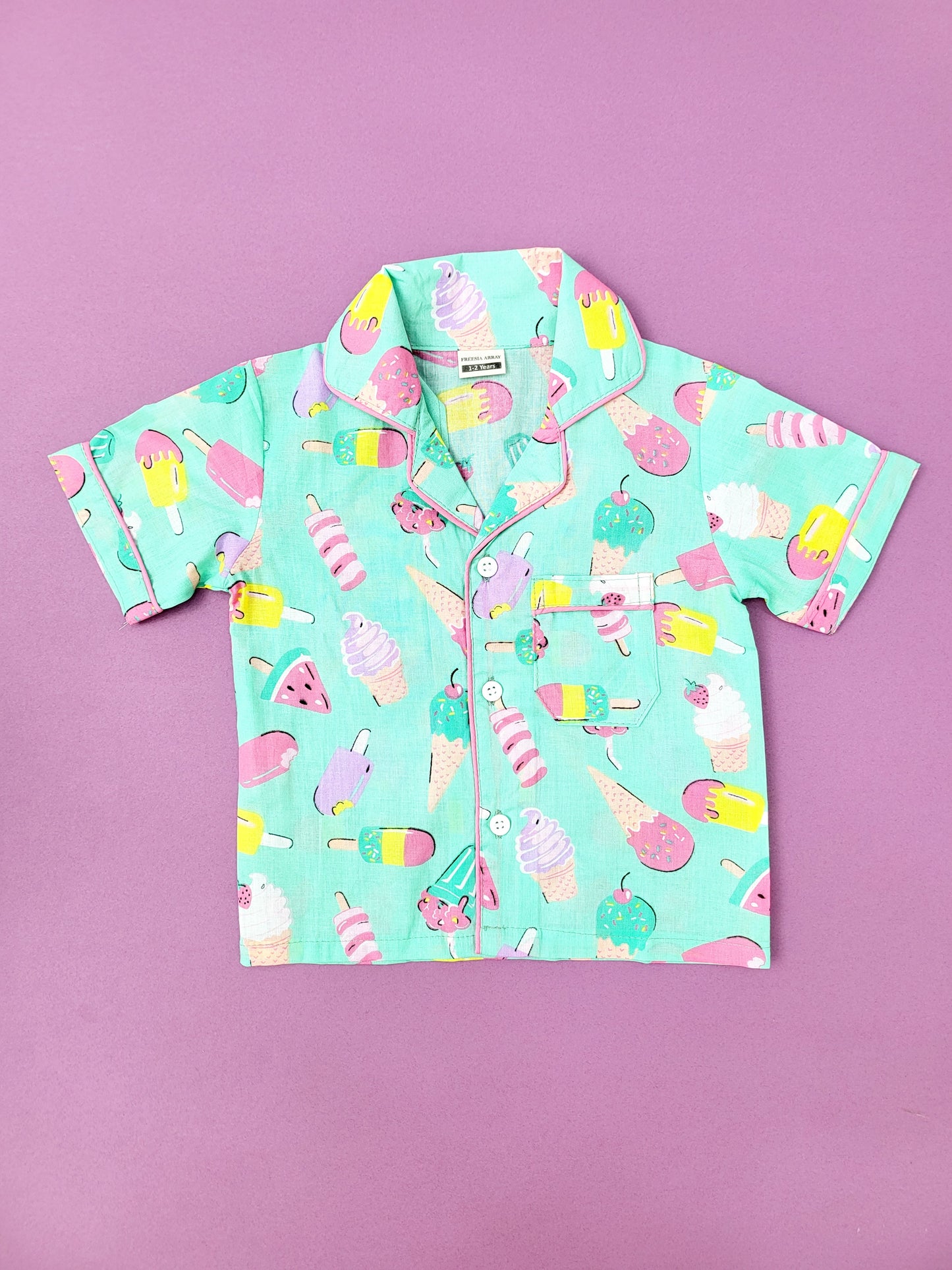 Cute Mint Green kids Pajama sets with Colorful Ice Cream Cones and Popsicles