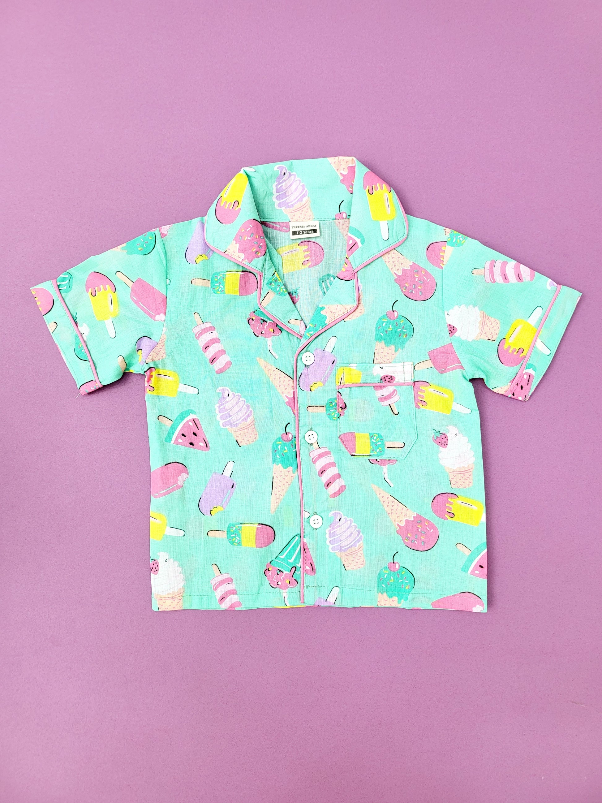 Cute Mint Green kids Pajama sets with Colorful Ice Cream Cones and Popsicles