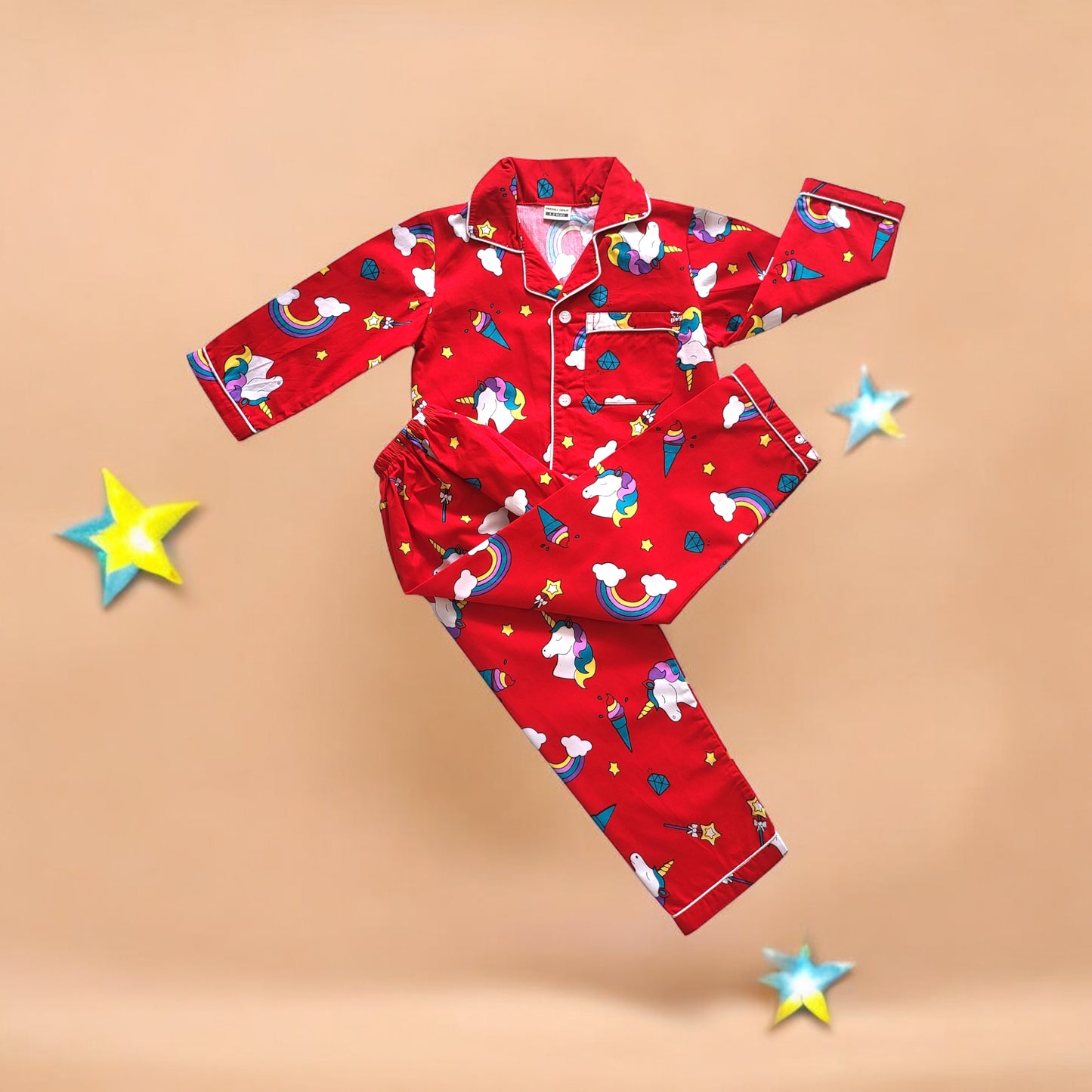 Red nightsuit for kids featuring a magical unicorn print, perfect for little dreamers who love fantasy and adventure, aged 1-14 years