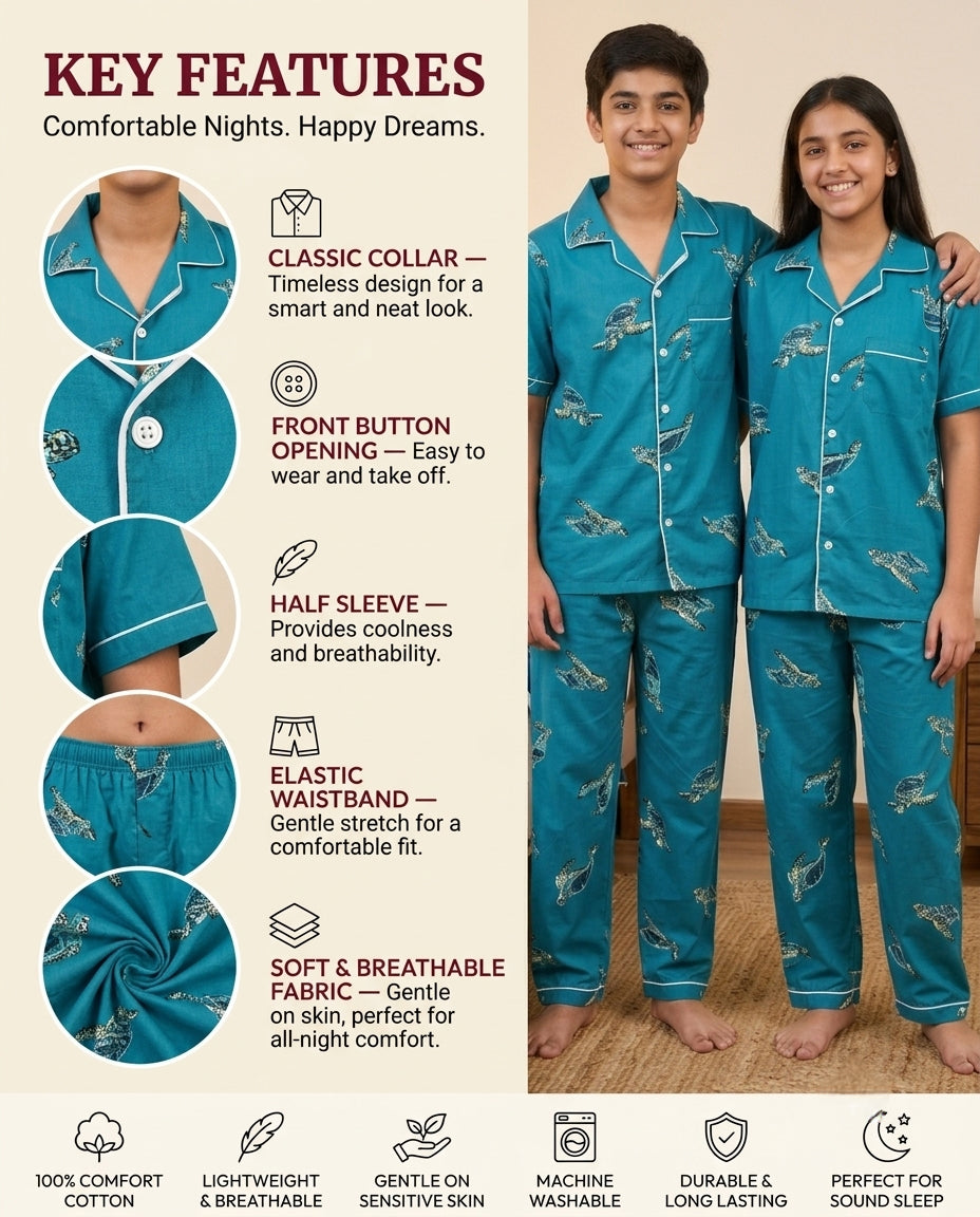 Ocean Teal Sea Turtle Printed Pure Unisex Nightsuit Set