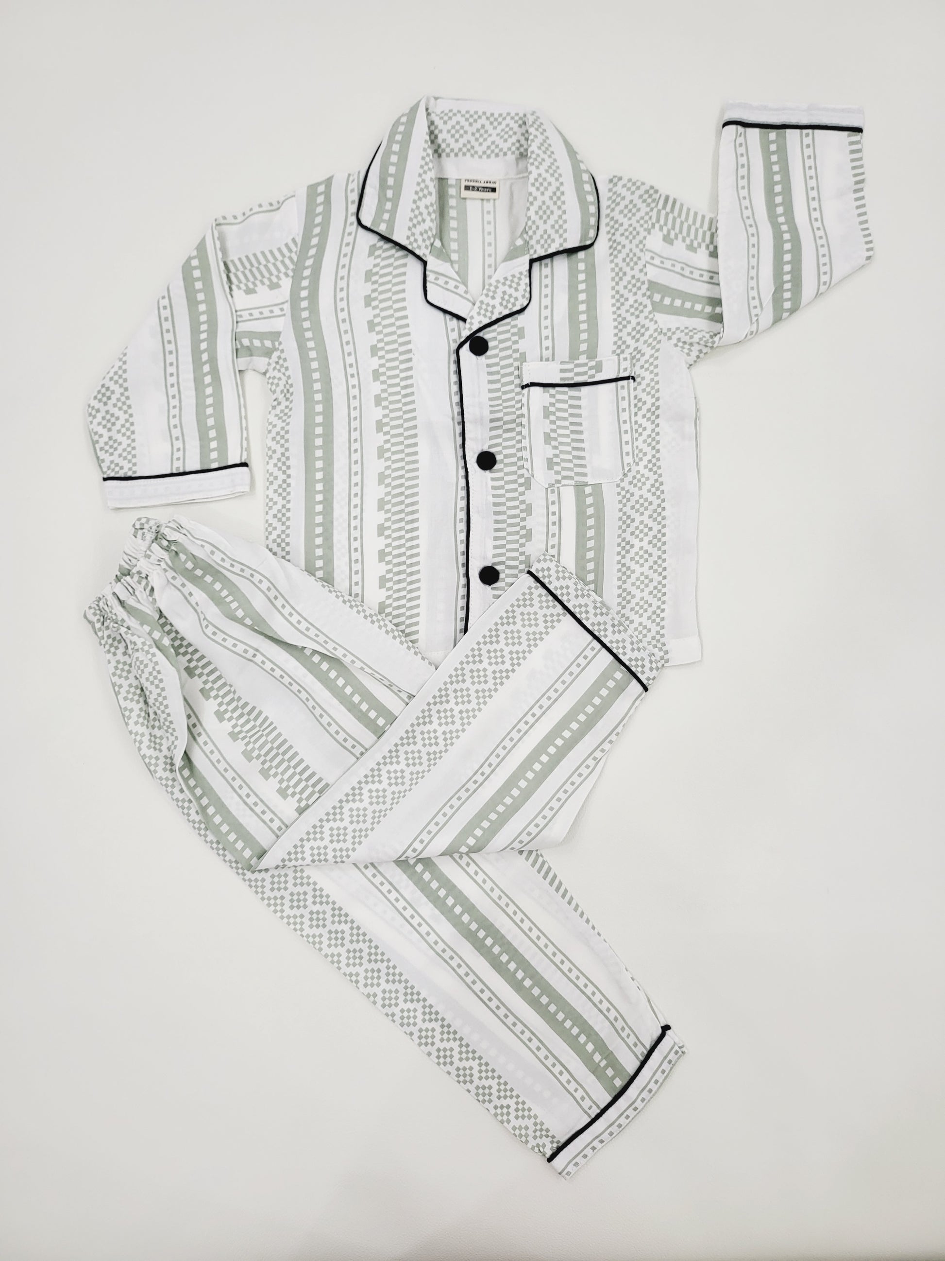 Soft and soothing white full sleeve nightsuit with pastel mint color print, perfect for kids aged 1-14 years