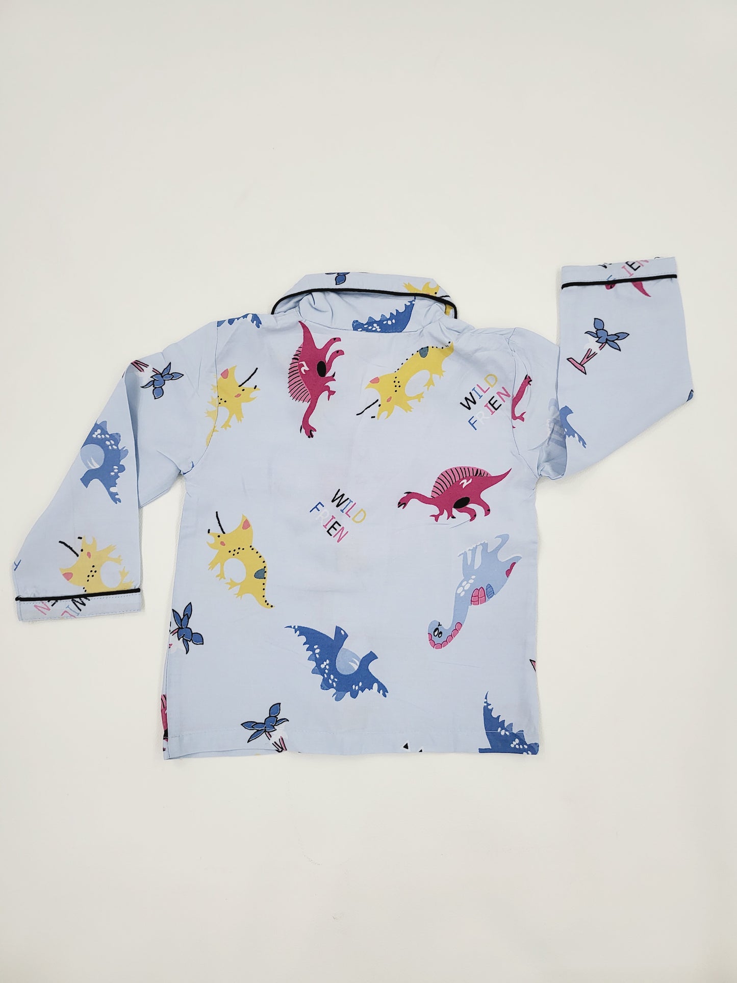 Sky blue cotton full sleeve nightsuit with colorful dinosaur print, a dino-mite sleep solution for boys and girls who love exploring and discovering