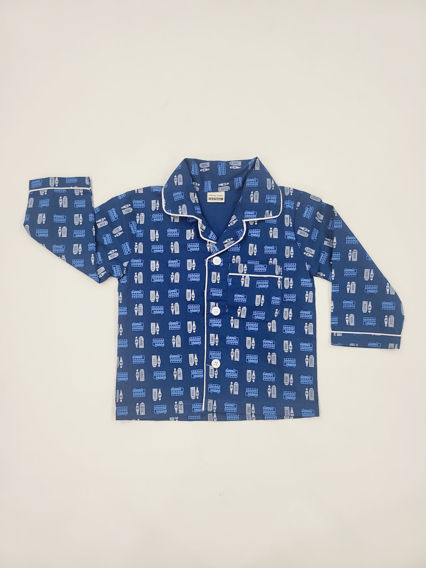 Unisex blue cotton nightsuit with full sleeves and bus design, ideal for kids who love adventure and exploring new places